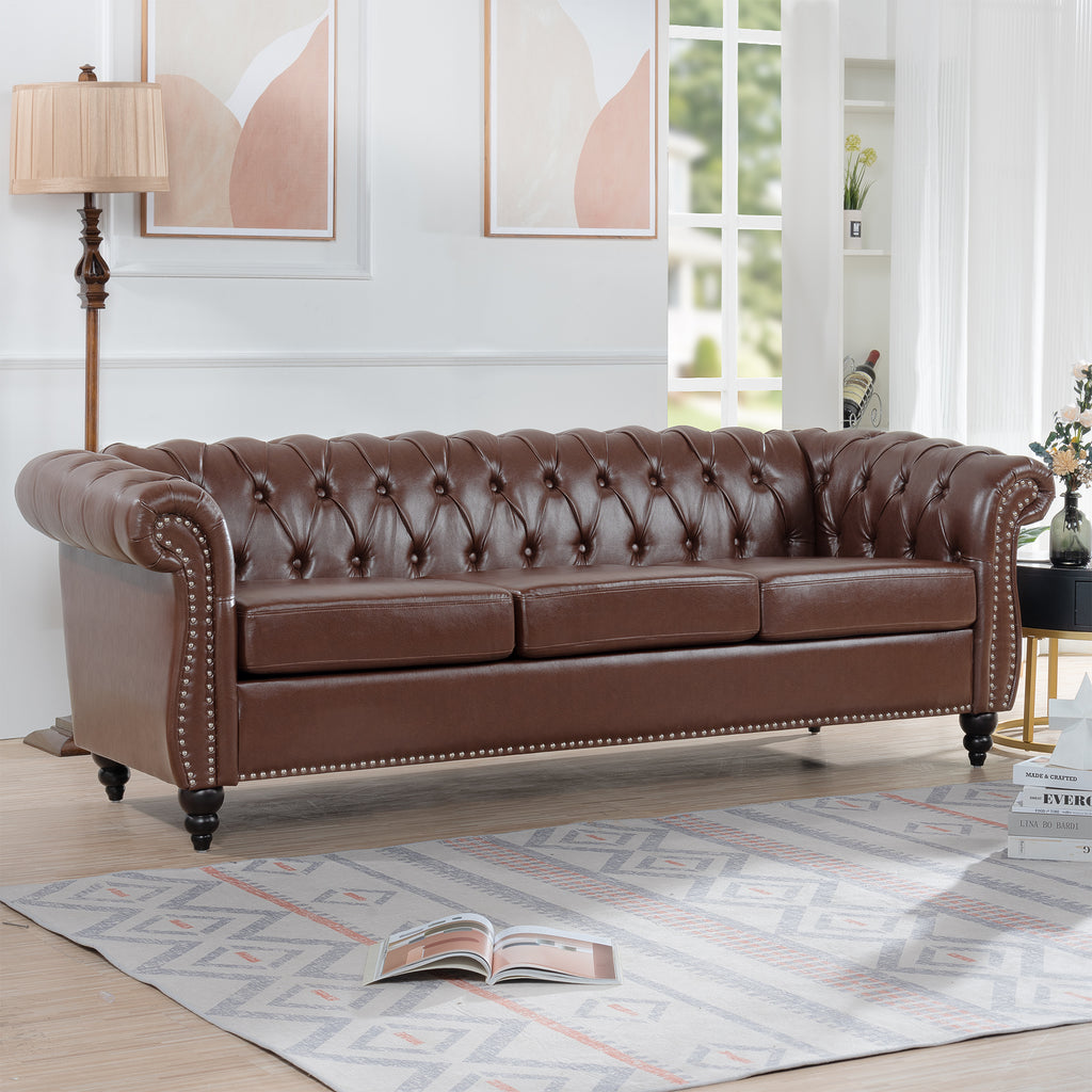 Dark Brown PU Rolled Arm Chesterfield Three Seater Sofa with Solid Wood Frame and Birch Legs - Grand Goldman Shop