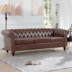 Dark Brown PU Rolled Arm Chesterfield Three Seater Sofa with Solid Wood Frame and Birch Legs - Grand Goldman Shop