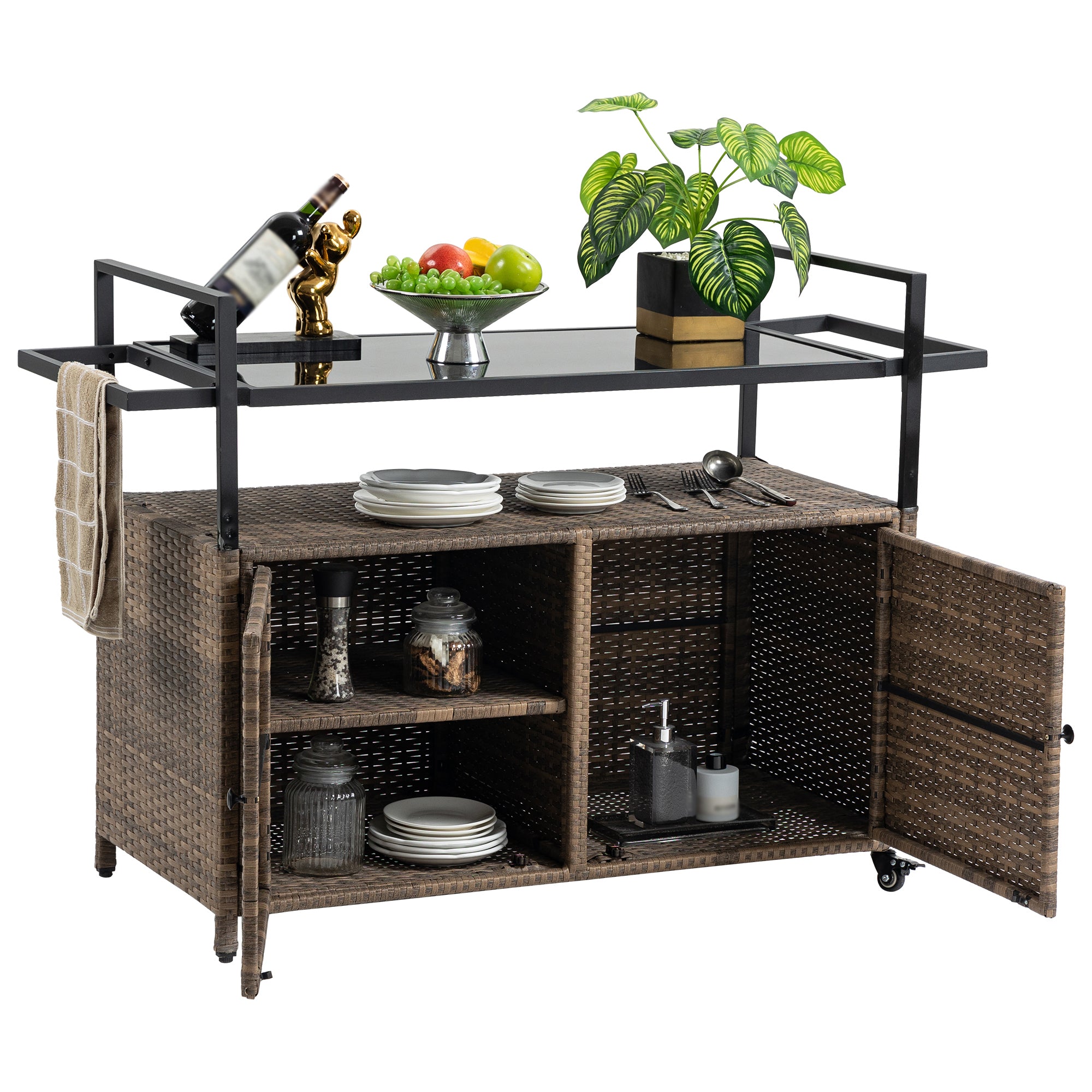 Outdoor Wicker Bar Cart, Patio Wine Serving Cart w/Wheels , Rolling Rattan Beverage Bar Counter Table w/Glass Top for Porch Backyard Garden Poolside Party, Light brown - Grand Goldman Shop