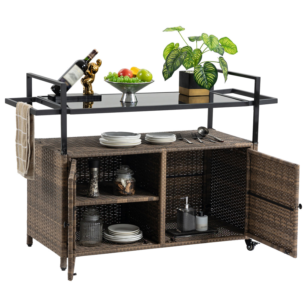 Outdoor Wicker Bar Cart, Patio Wine Serving Cart w/Wheels , Rolling Rattan Beverage Bar Counter Table w/Glass Top for Porch Backyard Garden Poolside Party, Light brown - Grand Goldman Shop