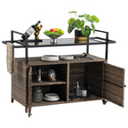 Outdoor Wicker Bar Cart, Patio Wine Serving Cart w/Wheels , Rolling Rattan Beverage Bar Counter Table w/Glass Top for Porch Backyard Garden Poolside Party, Light brown - Grand Goldman Shop