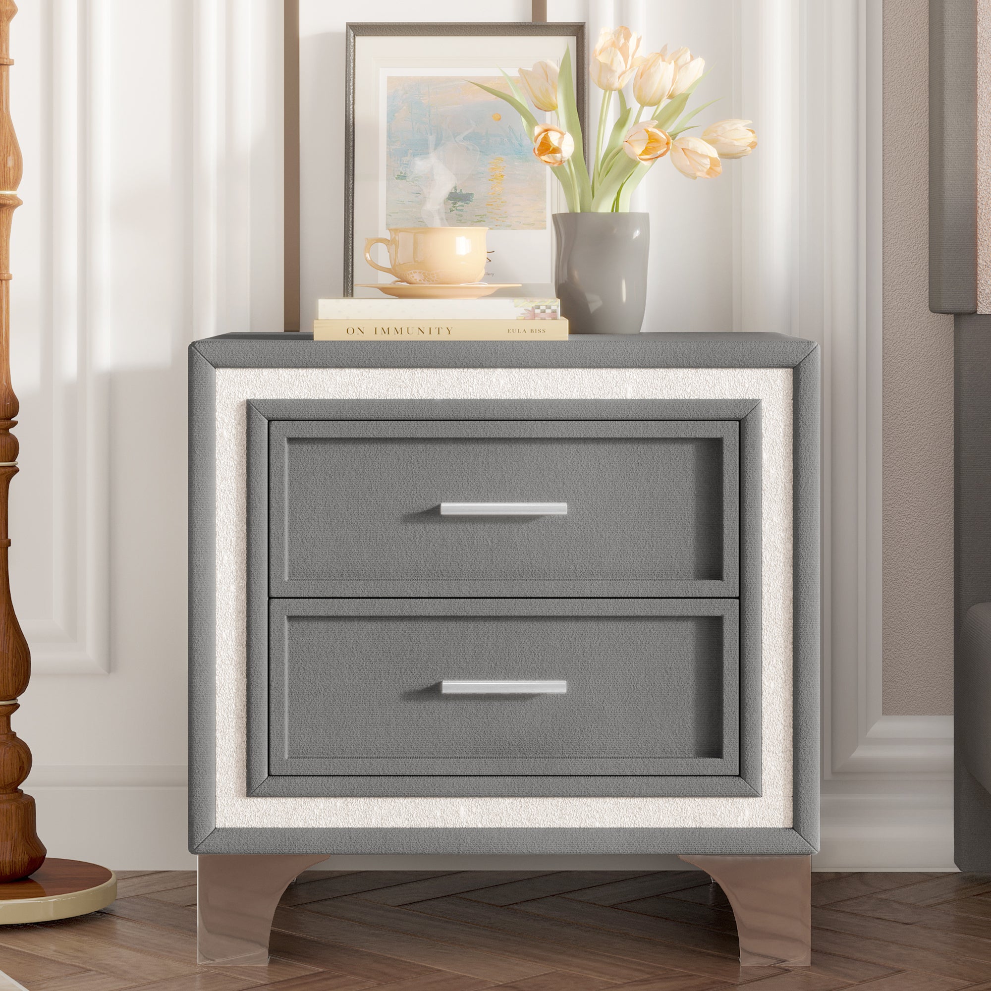 Mid Century Vintage Nightstand with Silver Glitter Strip Decor and Metal Legs, Velvet Bedside Table with 2 Drawers, Fully Assembled Except Legs and Handles, Gray - Grand Goldman Shop