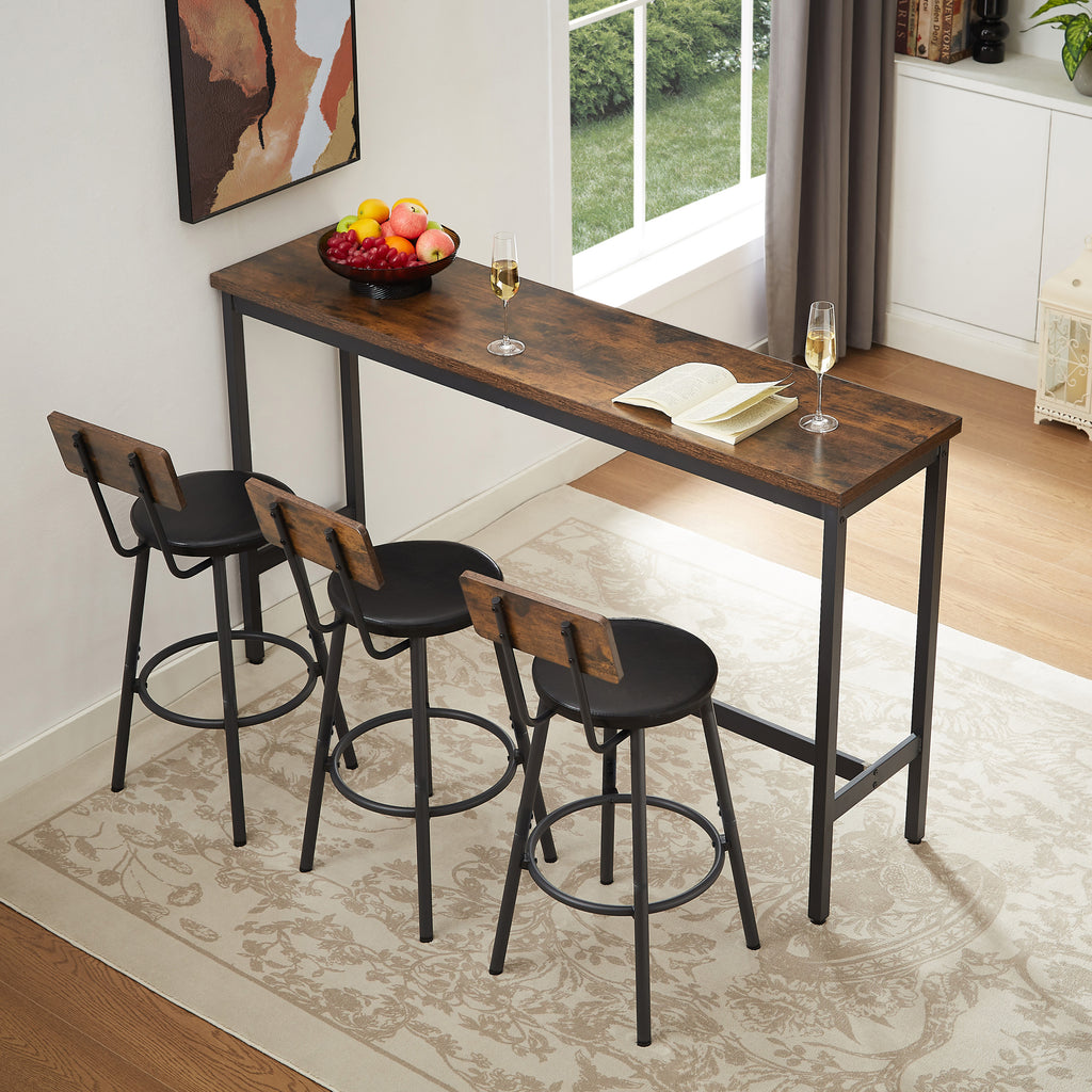 Long Bar Table Set with 3 PU Upholstered Bar Stools, Industrial Bar Table and Chairs for Kitchen Breakfast Table, Living Room, Banquet Hall, Rustic Brown and Black, 63″L x15.7'W x 37.5'H - Grand Goldman Shop