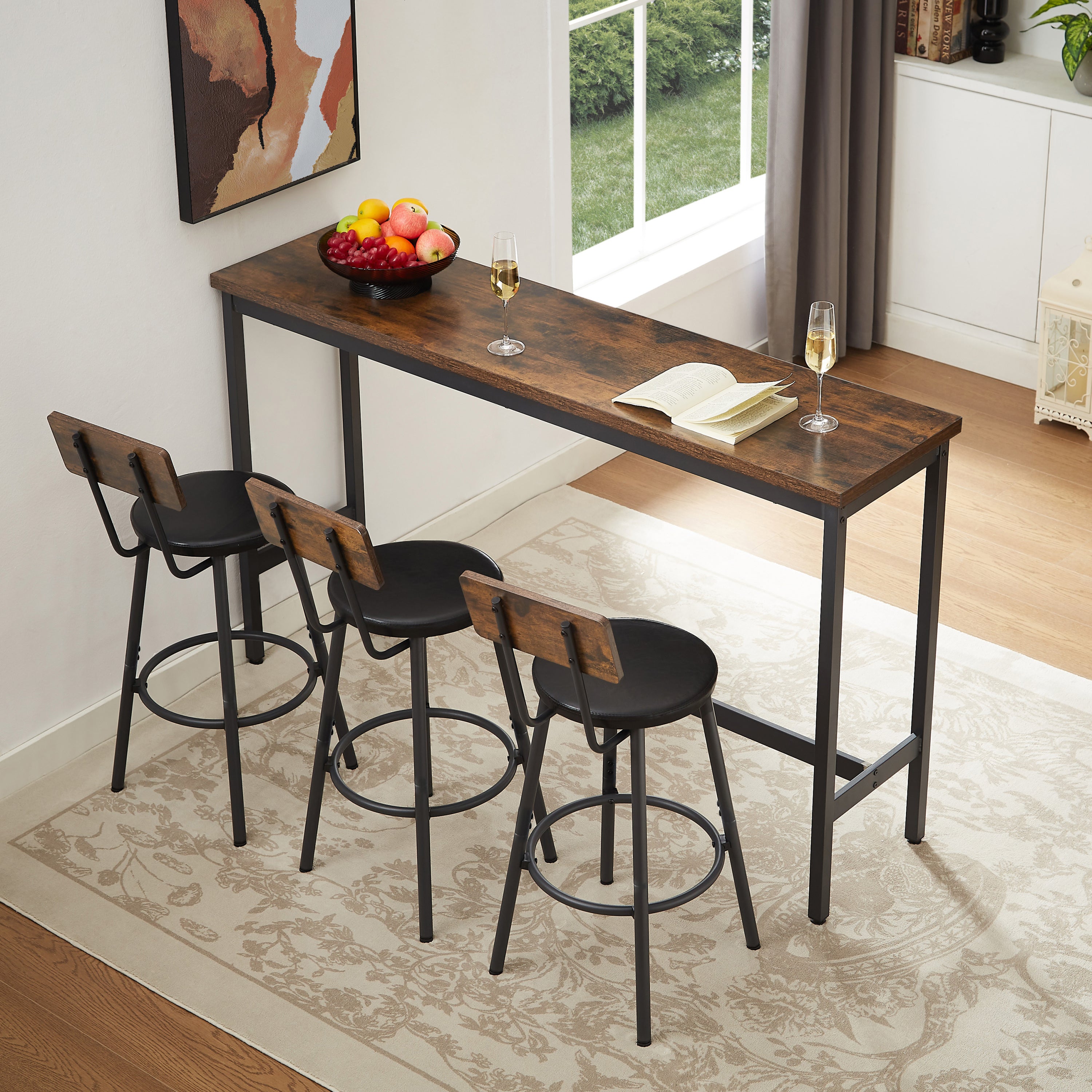 Long Bar Table Set with 3 PU Upholstered Bar Stools, Industrial Bar Table and Chairs for Kitchen Breakfast Table, Living Room, Banquet Hall, Rustic Brown and Black, 63″L x15.7'W x 37.5'H - Grand Goldman Shop