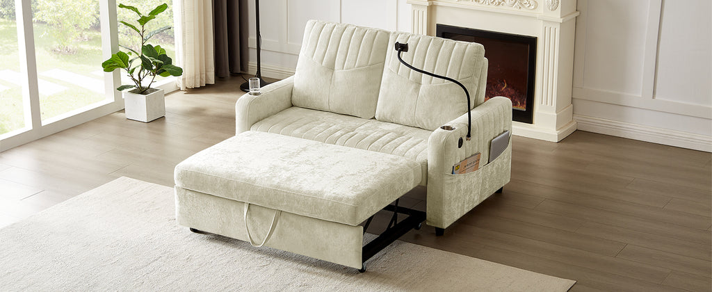 Modern 53.9' Loveseat Pull-out Sofa Bed with Adjustable Backrest, Cup Holders, Charging Ports & Side Storage in Beige Chenille - Grand Goldman Shop