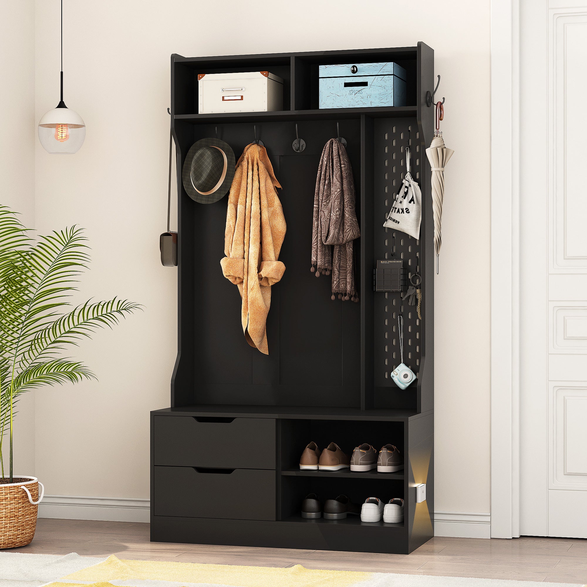 Hall Tree with 6 Hooks,Coat Hanger, Entryway Bench, Storage Bench,for Entrance, Hallwa,black - Grand Goldman Shop