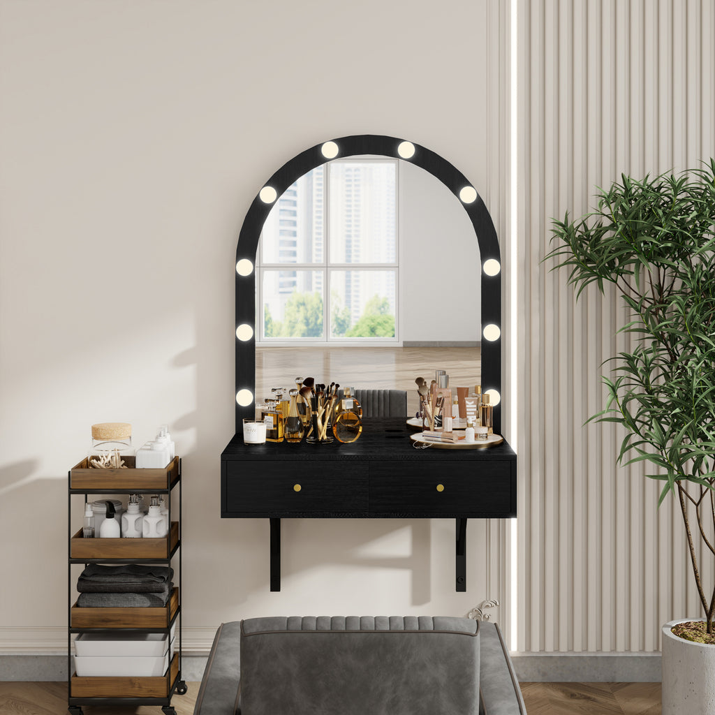 Floating Wall Mounted Makeup Vanity Desk with LED Mirror 3 Color Lights, Compact Dressing Table with Power Outlet & USB Charging, Space Saving Large Storage Vanity for Bedroom Bathroom, Black - Grand Goldman Shop