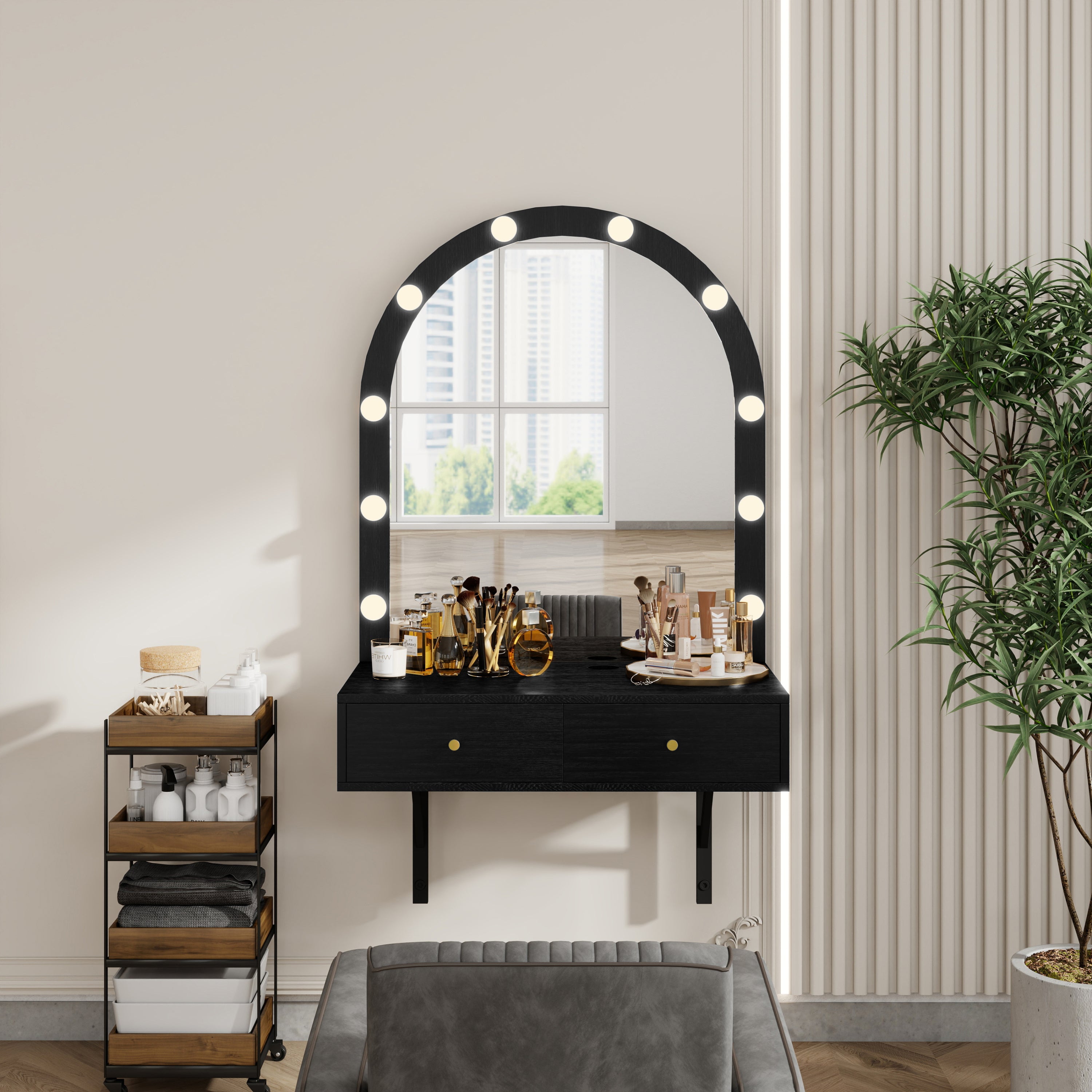 Floating Wall Mounted Makeup Vanity Desk with LED Mirror 3 Color Lights, Compact Dressing Table with Power Outlet & USB Charging, Space Saving Large Storage Vanity for Bedroom Bathroom, Black - Grand Goldman Shop