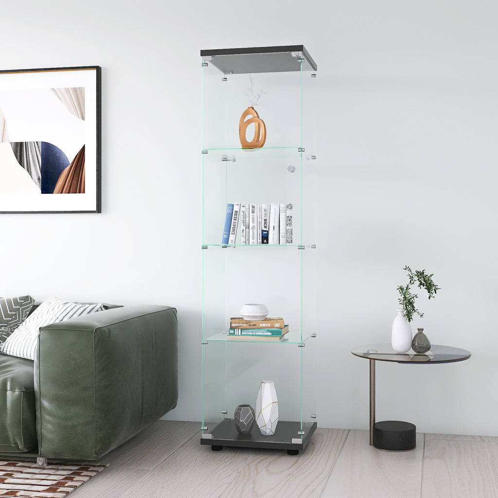 Glass Display Cabinet 4 Shelves with Door, Floor Standing Curio Bookshelf for Living Room Bedroom Office, 64.7'*16.7'*14.3', 