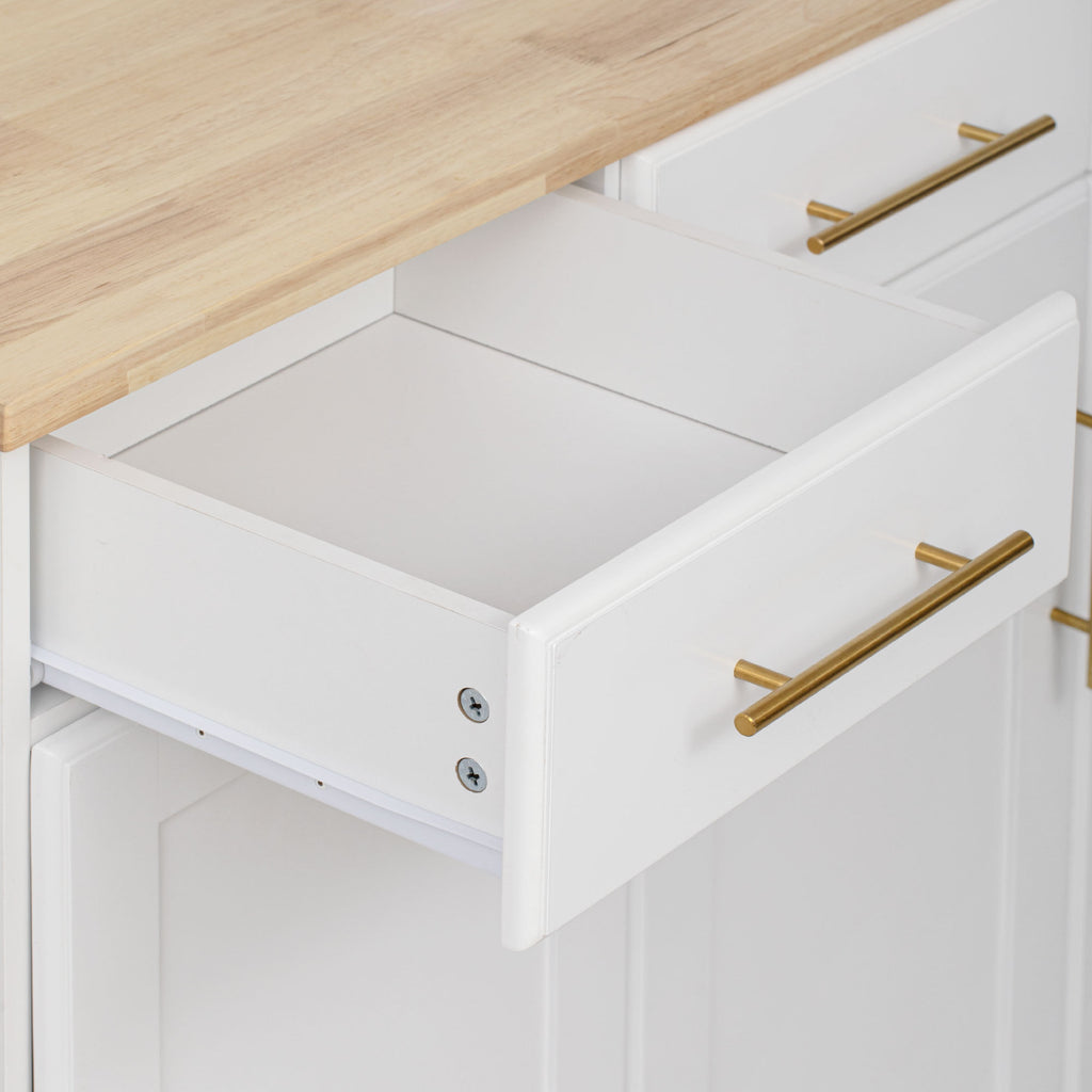 K&K 59.3' Kitchen Island with Storage 2 Pull Out Cabinet Organizers & Rubber Wood Drop Leaf, Rolling Kitchen Island with Trash Can Storage, Power Outlet, Spice & Towel Rack for Kitchen, Dining, White - Grand Goldman Shop