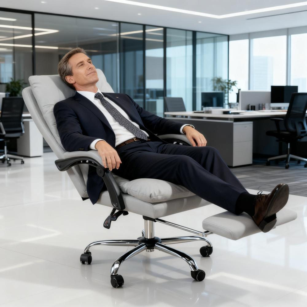 Microfibre Massage Office Chair, Heated Reclining Chair with Footrest,  Light Gray | Premium Home Decor - Grand Goldman