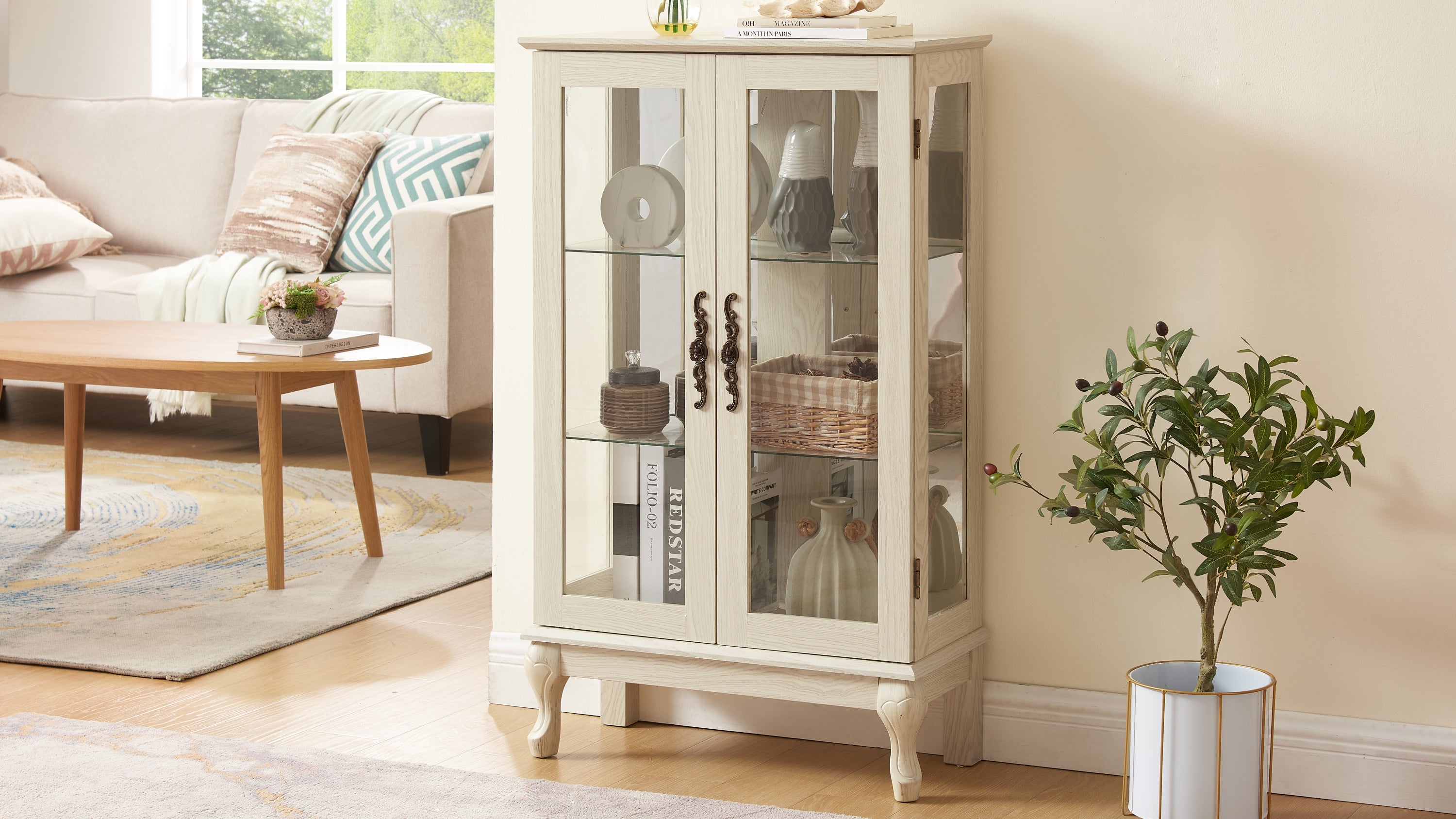 2 Doors Curio Cabinet with Tempered Glass Doors, Curio Cabinets with Mirrored Back Panel and Adjustable Shelves, Lighted Display Cabinet for Home, Office Light Bulb Included White - Grand Goldman Shop