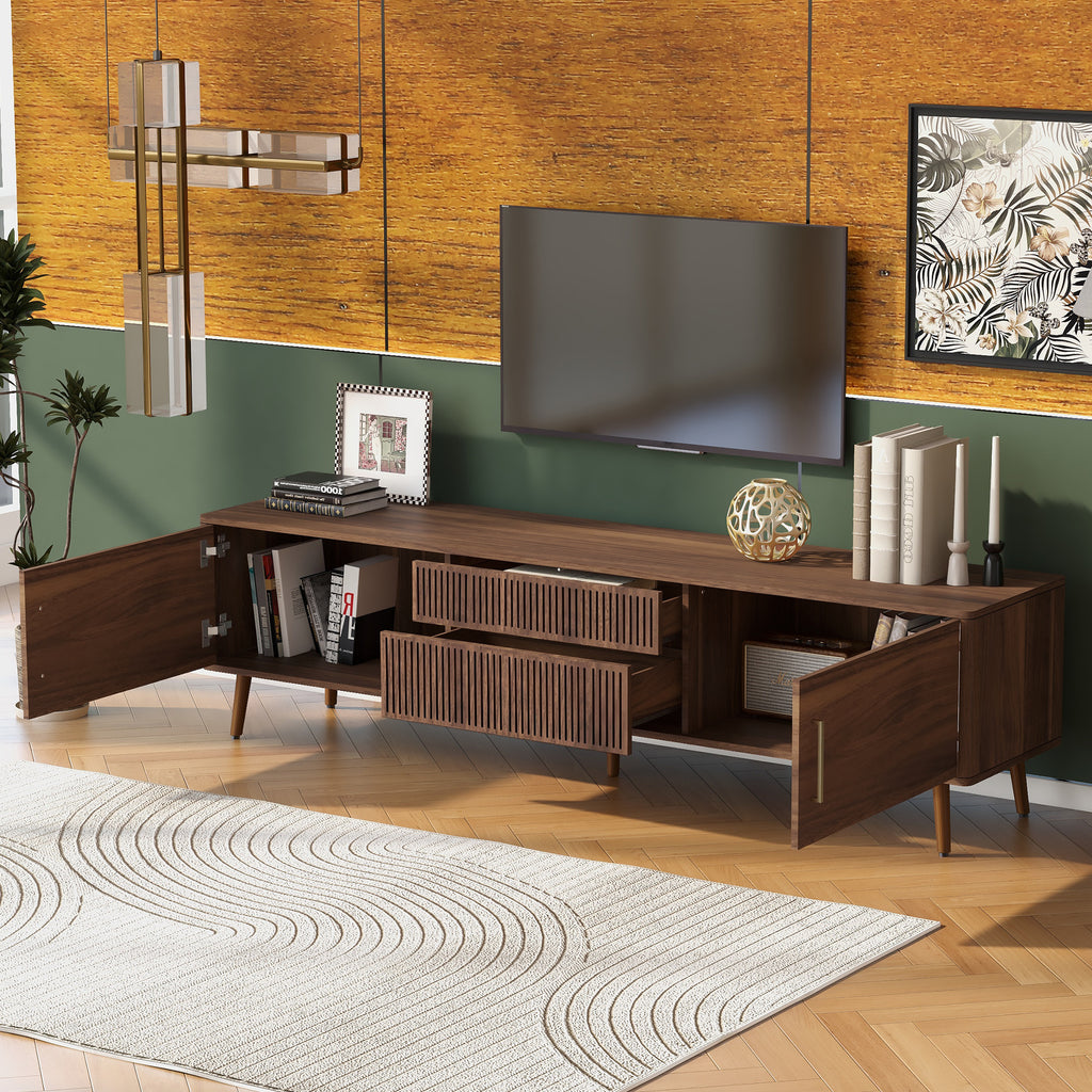 Mid Century TV Stand with 2 Drawers, Media Console Table for TVs up to 80'', Walnut Finish Solid Wood and MDF Entertainment Center for Living Room, Bedroom, Home Theatre - Grand Goldman Shop