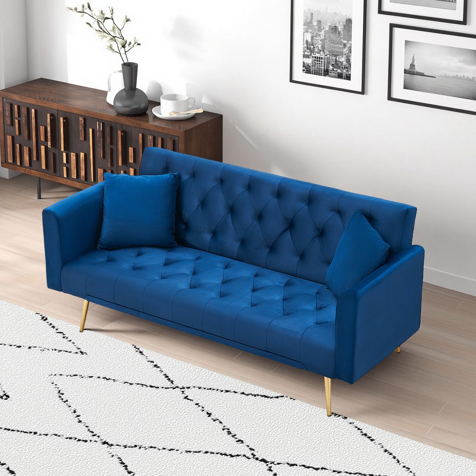 71-inch convertible love seat sofa, American retro blue velvet material, suitable for small living room, bedroom, office - Grand Goldman Shop