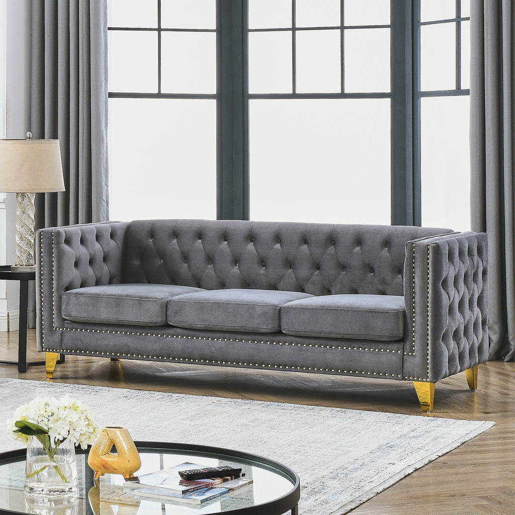 Modern Velvet Sofa with Button Tufting and Metal Legs, Grey Upholstered Couch for Living Room or Bedroom, 3-Seater, Solid Wood Frame, Soft Cotton-Filled Cushions - Grand Goldman Shop