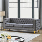 Modern Velvet Sofa with Button Tufting and Metal Legs, Grey Upholstered Couch for Living Room or Bedroom, 3-Seater, Solid Wood Frame, Soft Cotton-Filled Cushions - Grand Goldman Shop