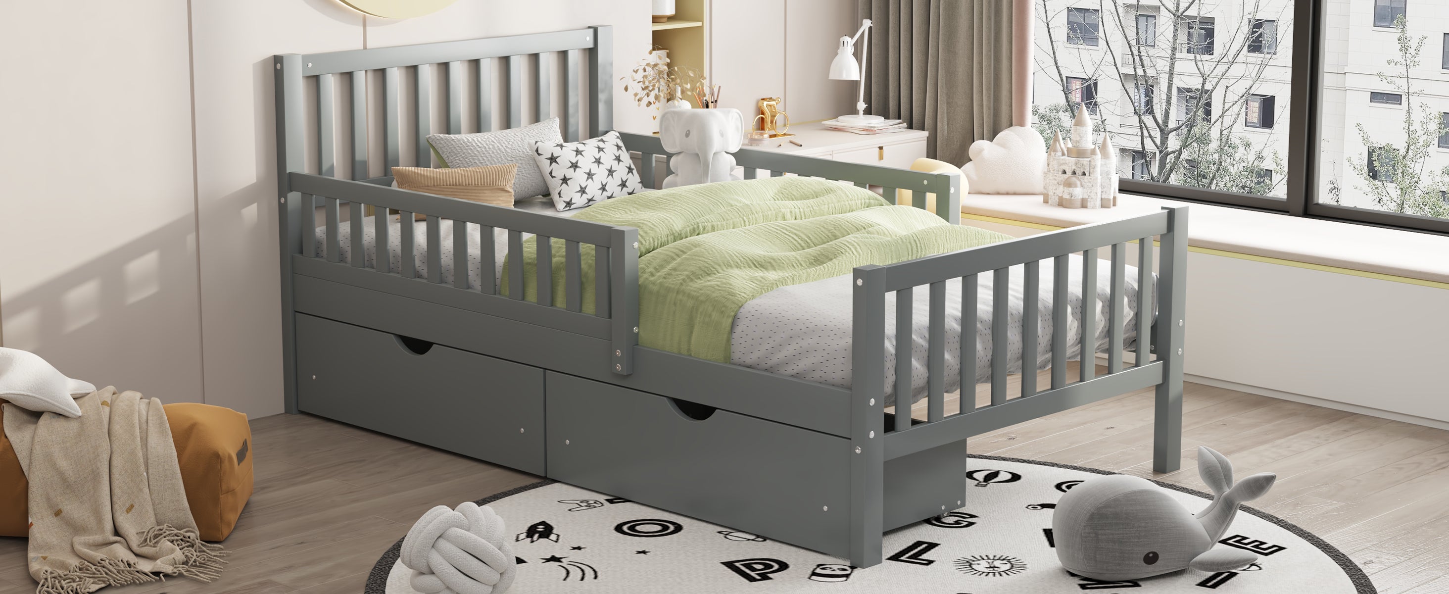 Twin Size Wood Platform Bed with Guardrails on Both Sides and Two Storage Drawers, Gray - Grand Goldman Shop