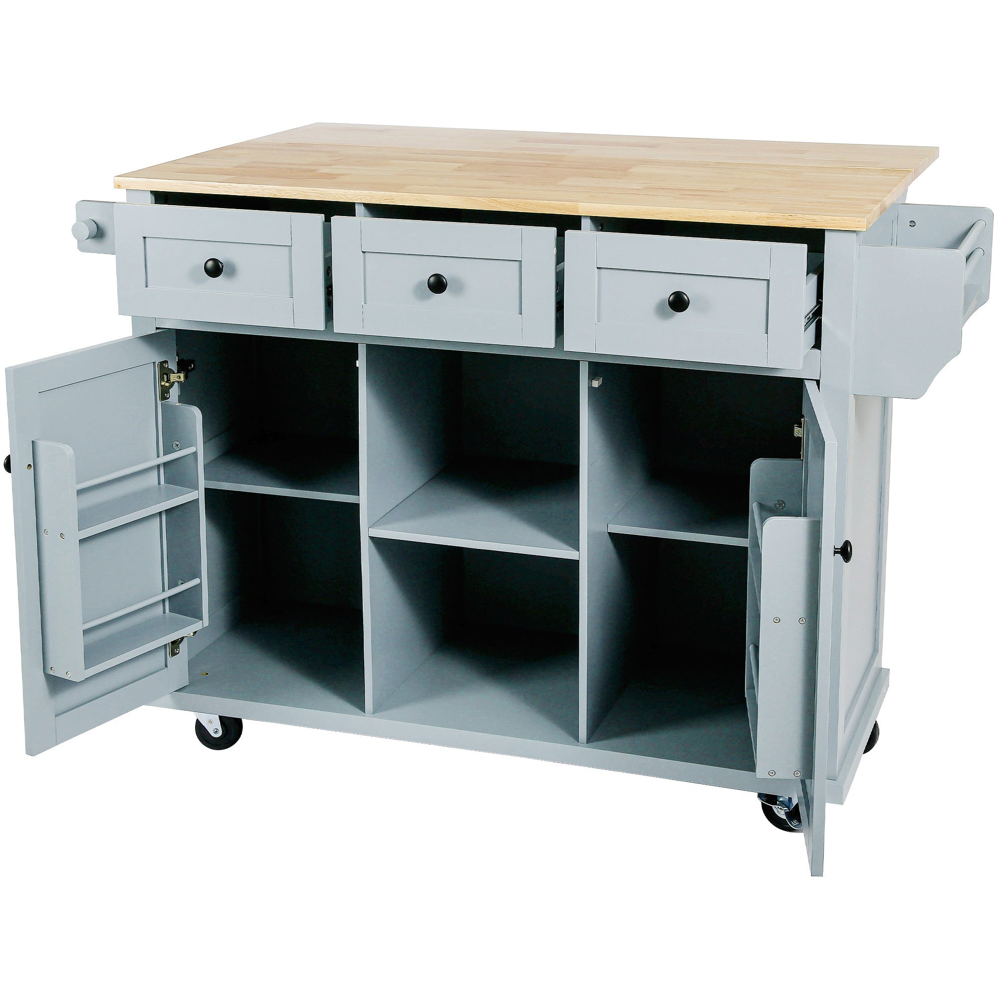Kitchen Cart with Rubber wood Drop-Leaf Countertop ,Cabinet door internal storage racks,Kitchen Island on 5 Wheels with Storage Cabinet and 3 Drawers for Dinning Room, Grey Blue - Grand Goldman Shop