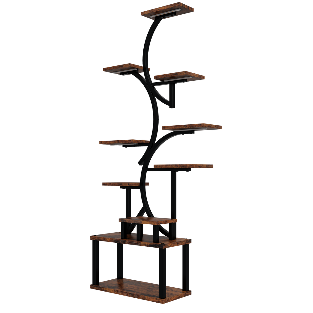 S-Shaped 10-Tier Plant Stand with 5 Grow Lights in Deep Rustic Brown, MDF and Steel, 68.5' Tall for Indoor Plants - Grand Goldman Shop