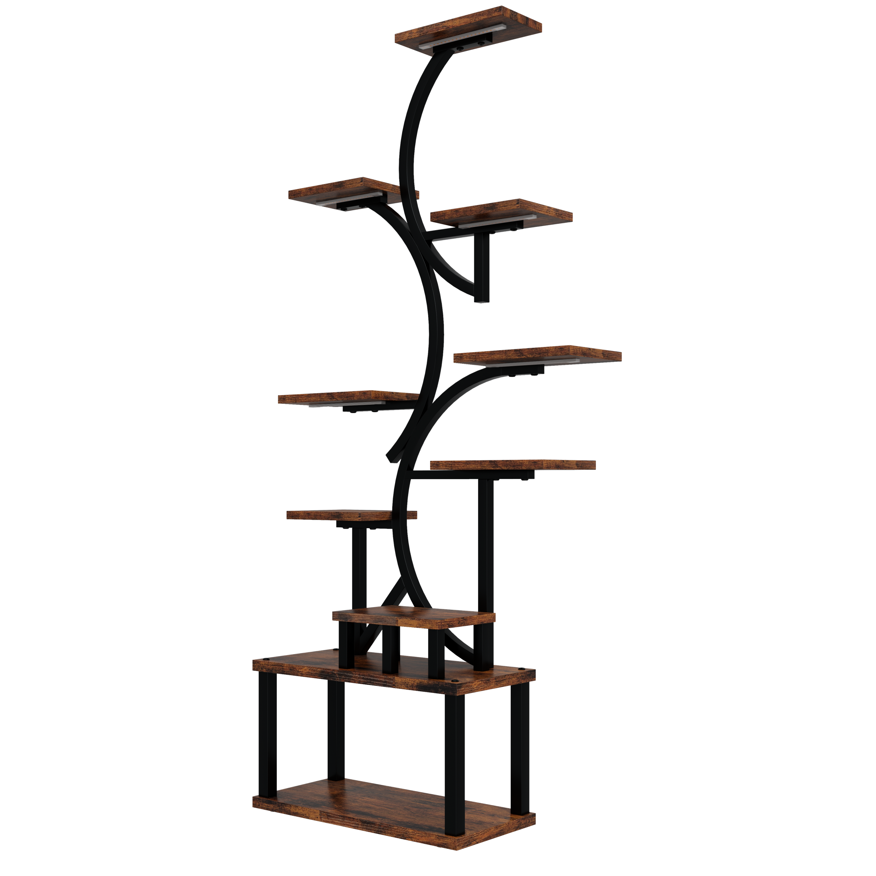 S-Shaped 10-Tier Plant Stand with 5 Grow Lights in Deep Rustic Brown, MDF and Steel, 68.5' Tall for Indoor Plants - Grand Goldman Shop
