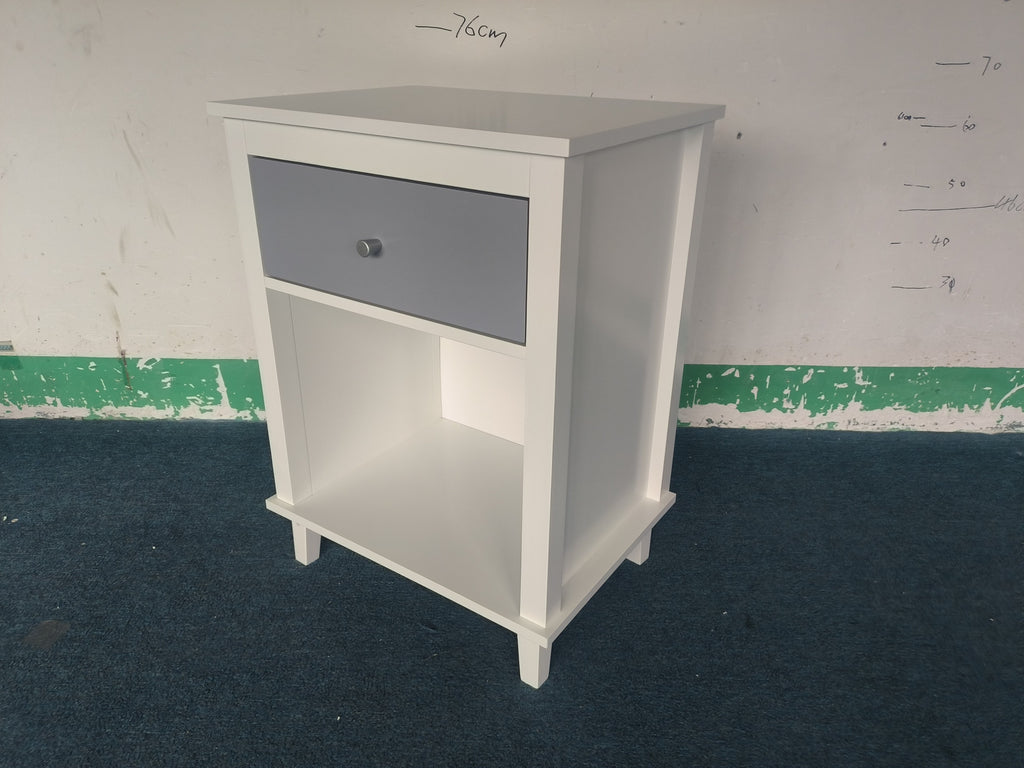 Gray+Silver Handle Wooden Nightstand 26.77''H with One Drawer One Shelf for Kids and Adults, White+Gray Finish MDF - Grand Goldman Shop