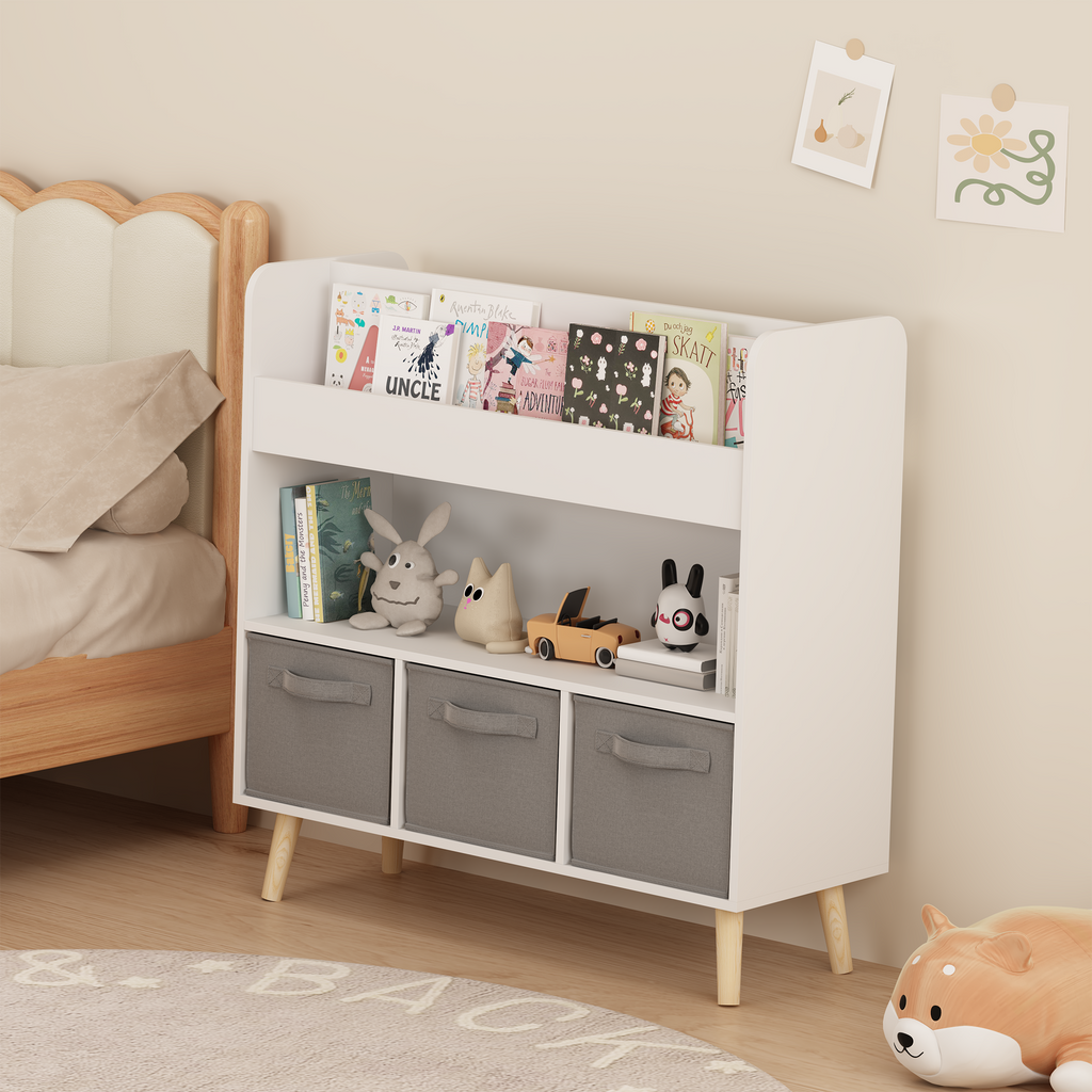 Kids Bookshelf with 3 Fabric Bins, Modern Children's Bookcase with Storage for Toys and Books, Toddler Book Organizer Shelf f