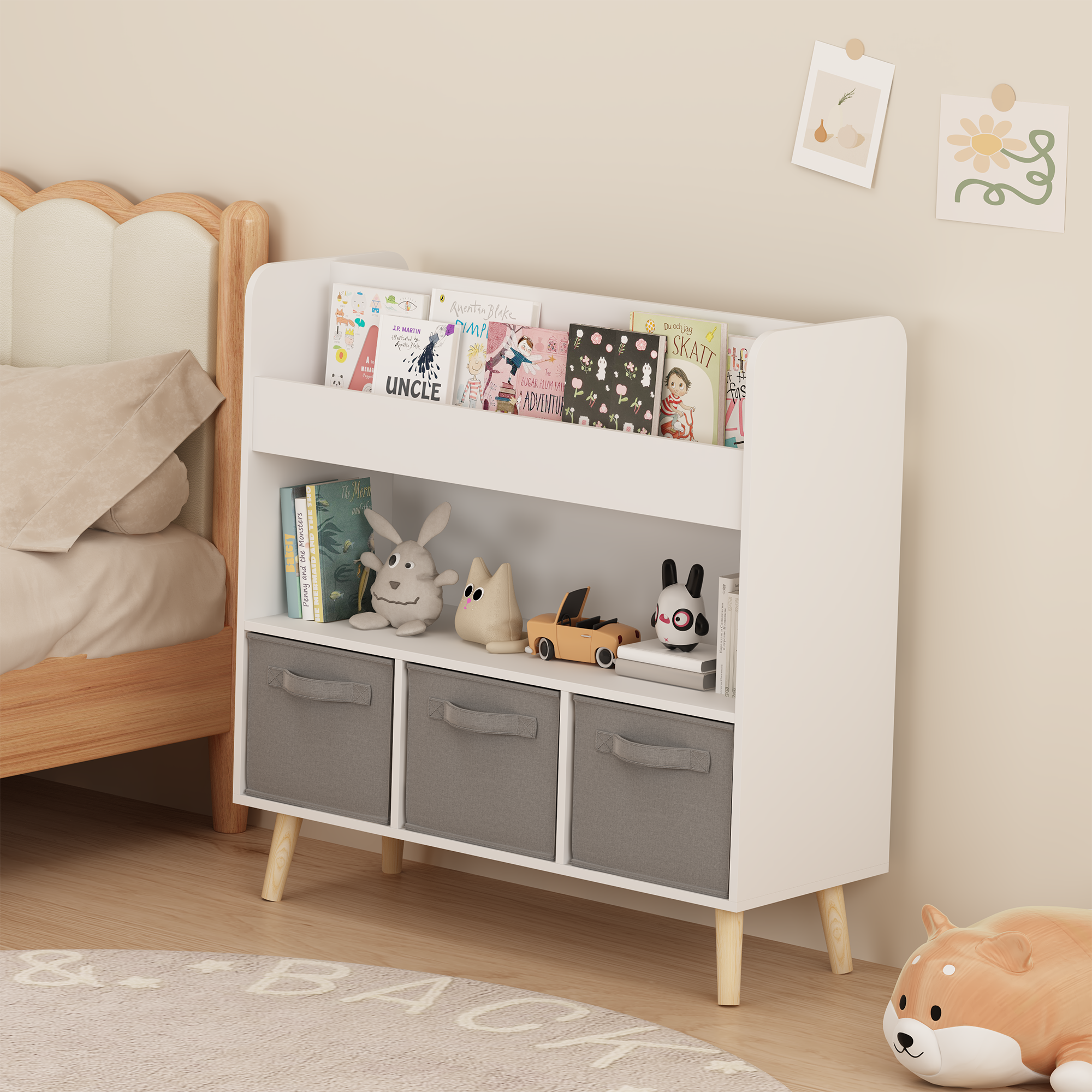 Kids Bookshelf with 3 Fabric Bins, Modern Children's Bookcase with Storage for Toys and Books, Toddler Book Organizer Shelf f