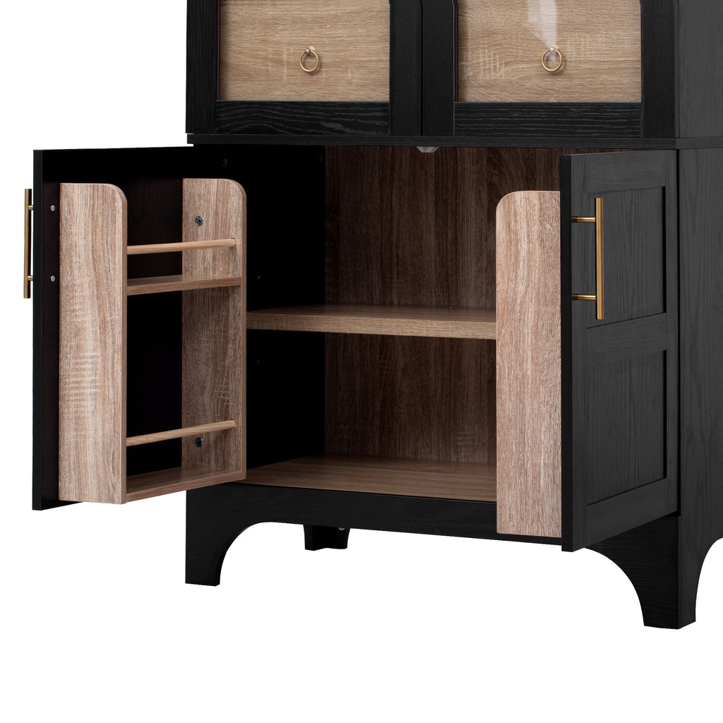 K&K 71' Tall Arched Kitchen Pantry Cabinet with Door Shelves, Farmhouse Kitchen Storage Cabinet with Open & Adjustable Shelves, Hidden Drawer & Glass Door, Cupboard for Kitchen, Dining Room, Black - Grand Goldman Shop