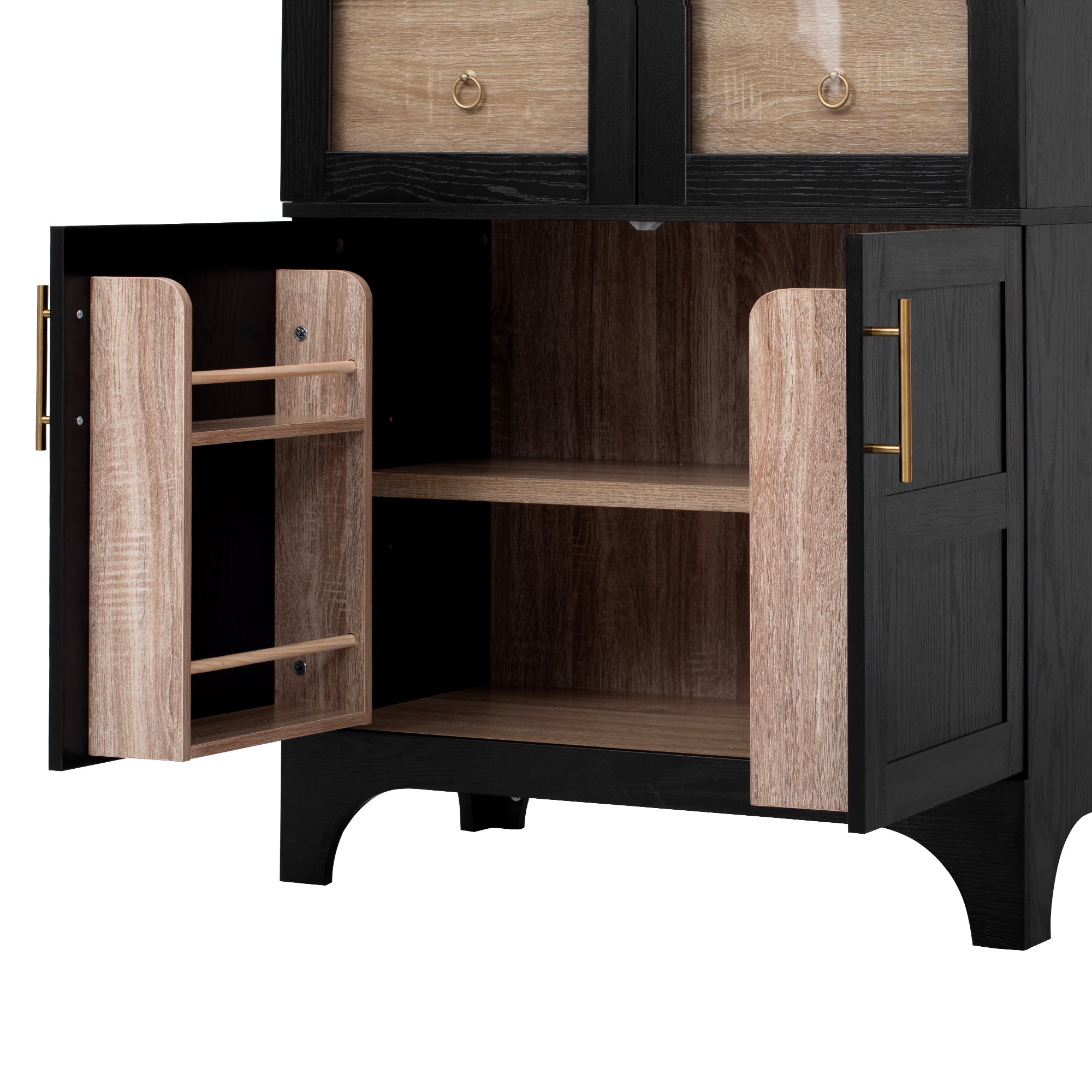 K&K 71' Tall Arched Kitchen Pantry Cabinet with Door Shelves, Farmhouse Kitchen Storage Cabinet with Open & Adjustable Shelves, Hidden Drawer & Glass Door, Cupboard for Kitchen, Dining Room, Black - Grand Goldman Shop