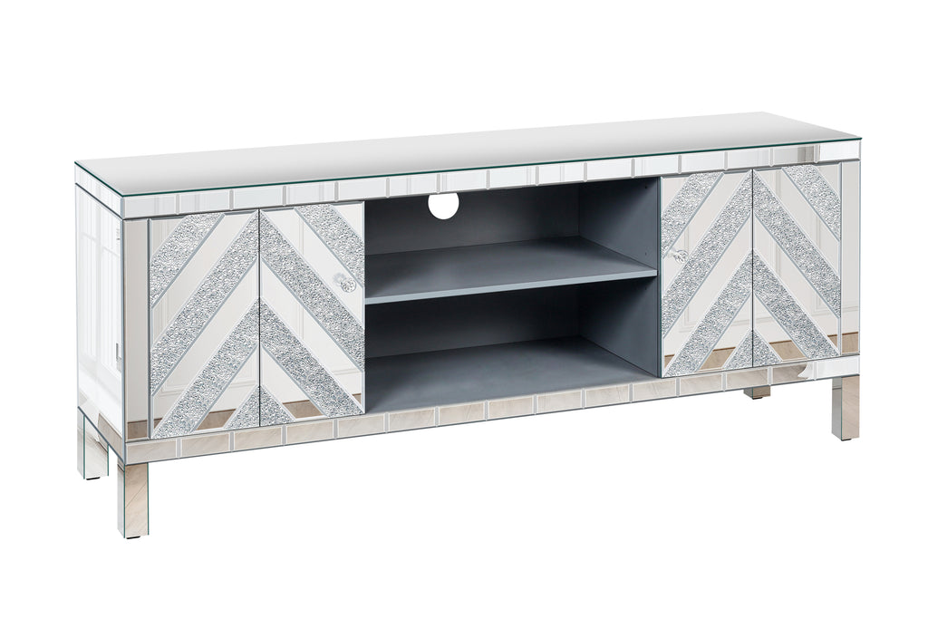 Mirrored TV Stand for 65+ inch TV,Sliver TV Console Table with Open Storage & 2 Storage Cabinets ,M Shape Sparkling Mirror Doors for Living Room(59''W x 25.2''H x 15.7D) - Grand Goldman Shop