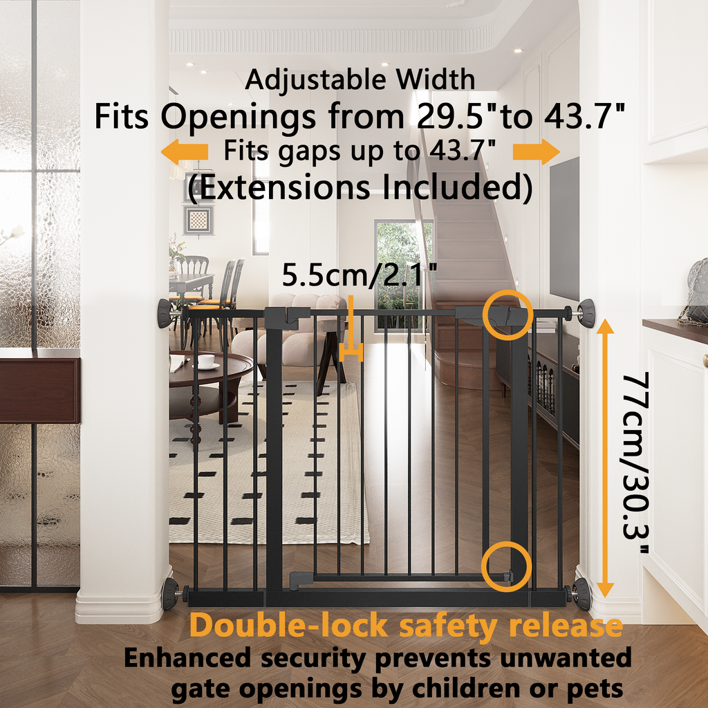 29.5-45.3' Wide Baby Gate with wall protector for Stairs, Dog Gate Indoor for Doorways, No Drilling Pressure Mounted Pet Gate