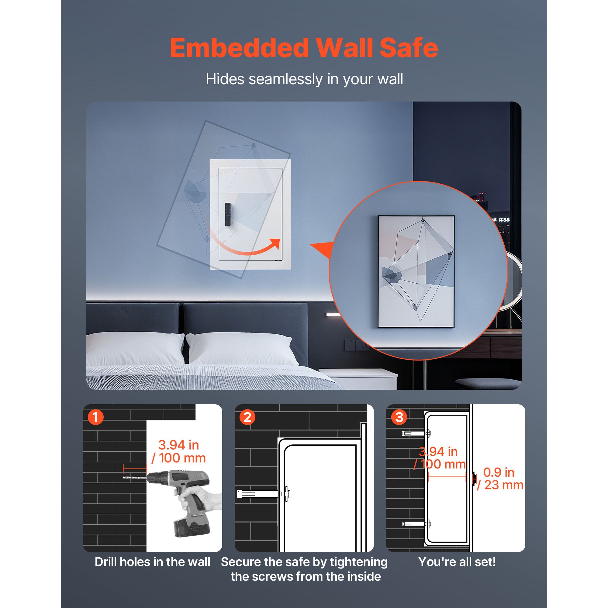 0.83 sq.ft Wall Safe, 3-Tier Hidden Wall Safe with Password, Key & Turning Knob, Q235 Cold-Rolled Steel In-Wall Box with Adju