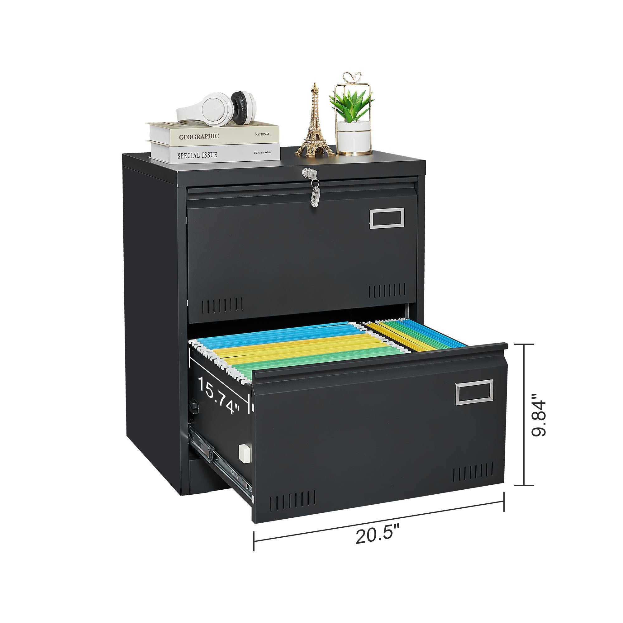 Modern Black Metal 2 Drawer Lateral File Cabinet with Lock for Home Office Use | Premium Home Decor - Grand Goldman