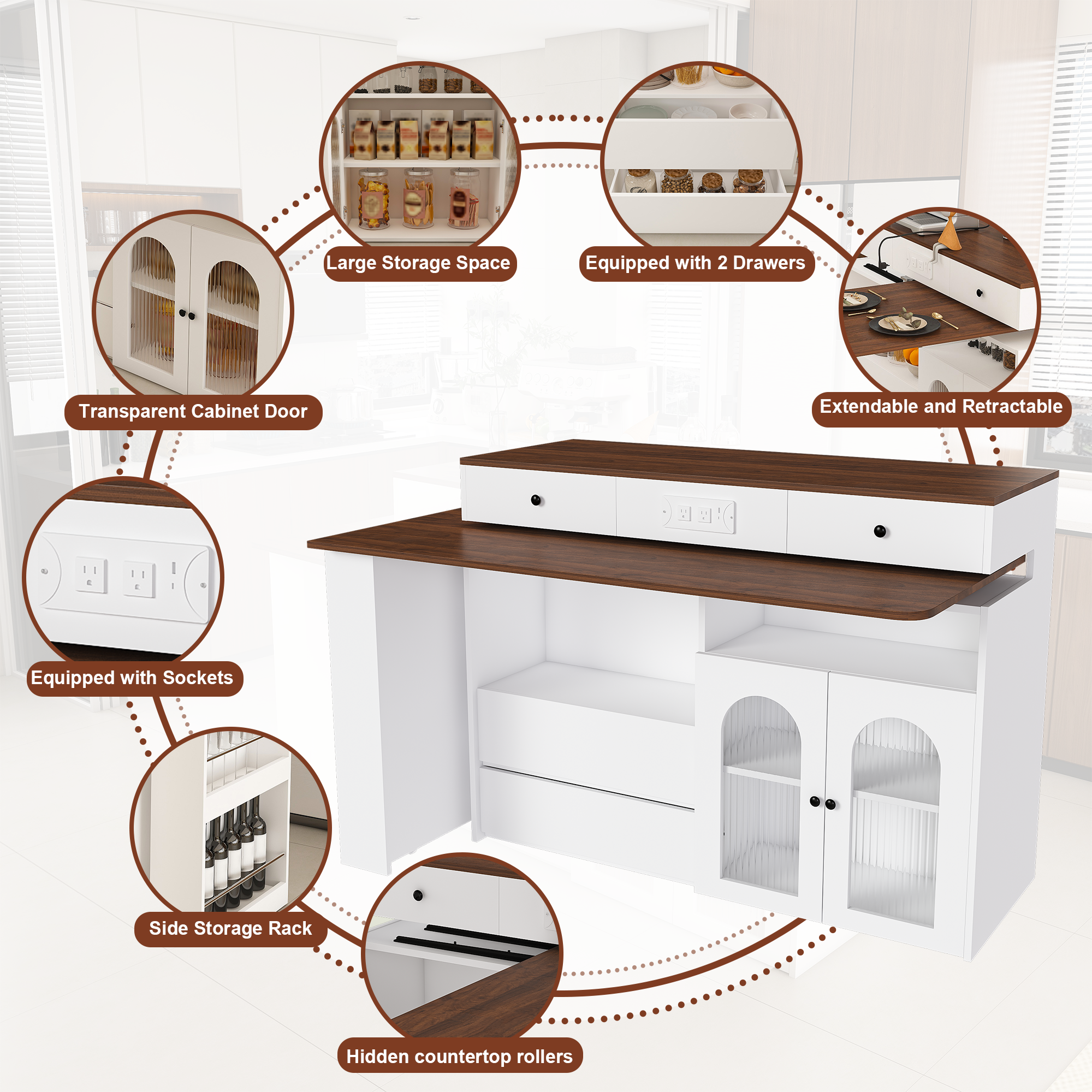 Kitchen Island with Extendable & Rotating Table, MDF with Walnut Veneer Retro Design, 4 Drawers & Glass Door Cabinets with Built-in Socket, Expandable Dining Station for 2-4 Person - Grand Goldman Shop