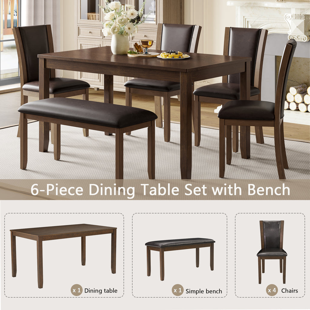 6-Piece Dining Table Set with Bench and Chairs, Wooden dining table set for 6 people, Farmhouse Rustic Style 6 Person Dining Table Set for Dining Room, Kitchen, Dark Walnut - Grand Goldman Shop