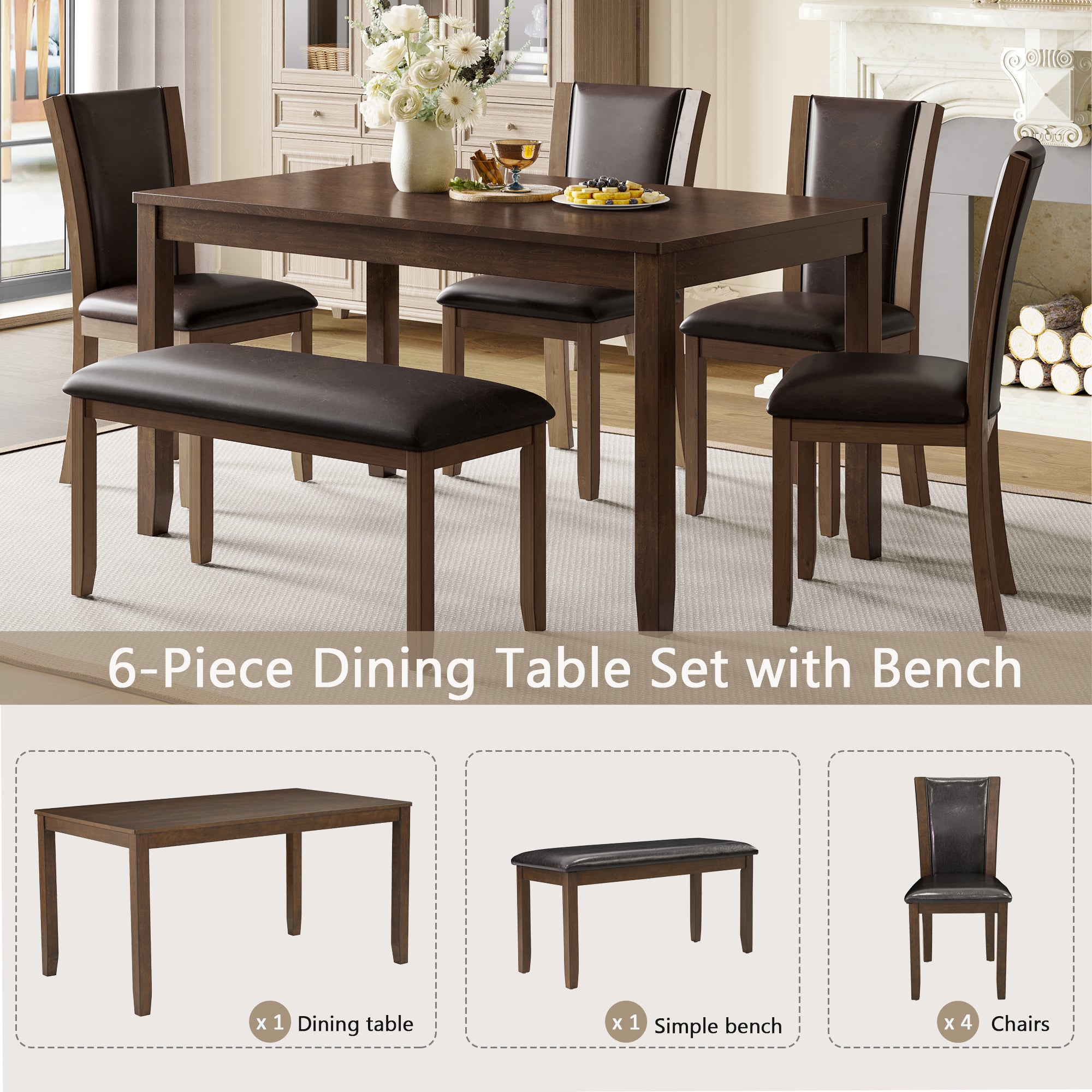 6-Piece Dining Table Set with Bench and Chairs, Wooden dining table set for 6 people, Farmhouse Rustic Style 6 Person Dining Table Set for Dining Room, Kitchen, Dark Walnut - Grand Goldman Shop