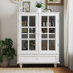 Minimalist White Buffet Cabinet with Double Glass Doors and Drawer, Modern Wooden Storage Sideboard Cupboard for Living room, Dining Room Hallway Entryway - Grand Goldman Shop