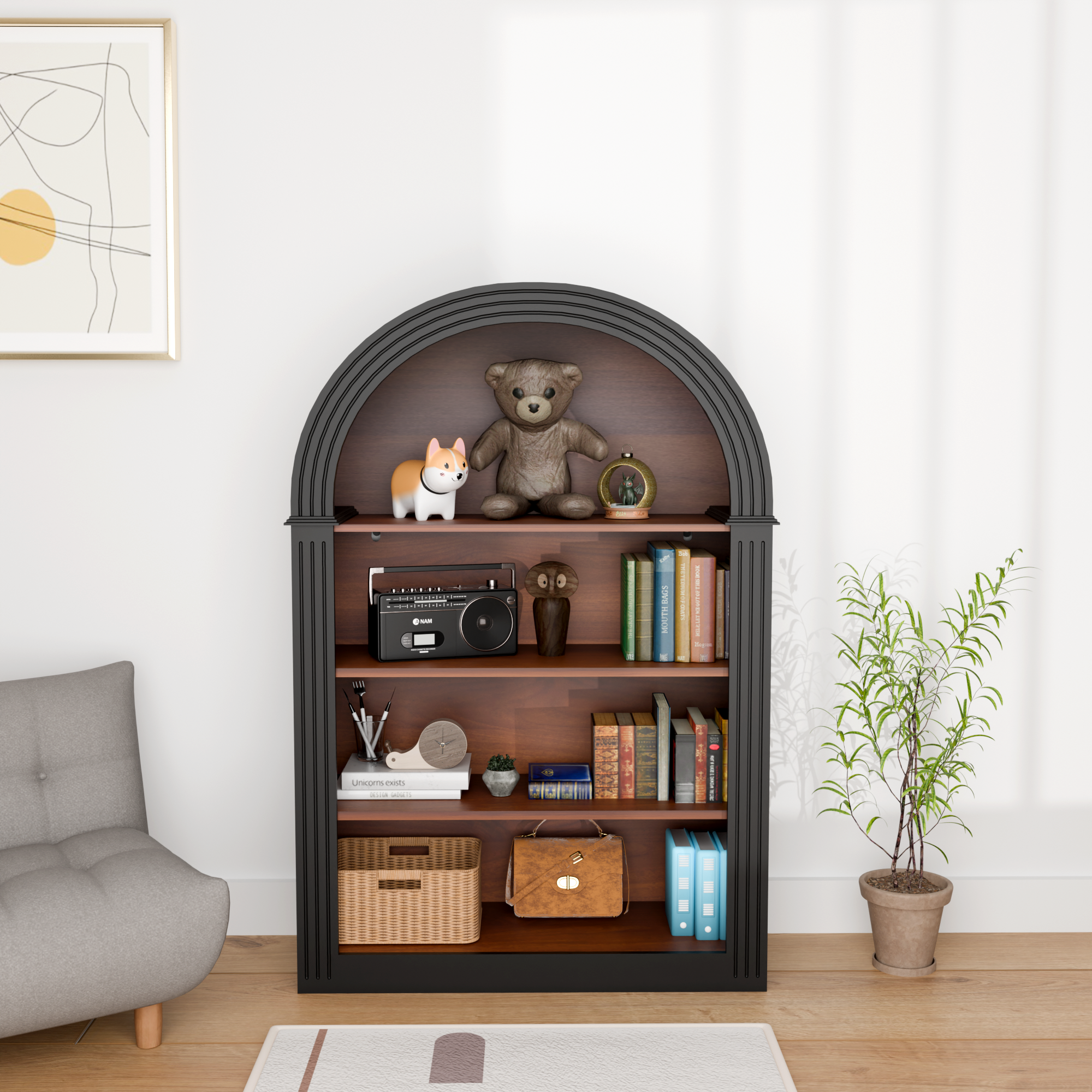 Bookcase, 4-Shelf Tall Bookshelf, 45.66' Wood Open Display Floor Arched Bookcase, Large Storage Organizer for Library, Bedroom, and Living Room (Black) - Grand Goldman Shop