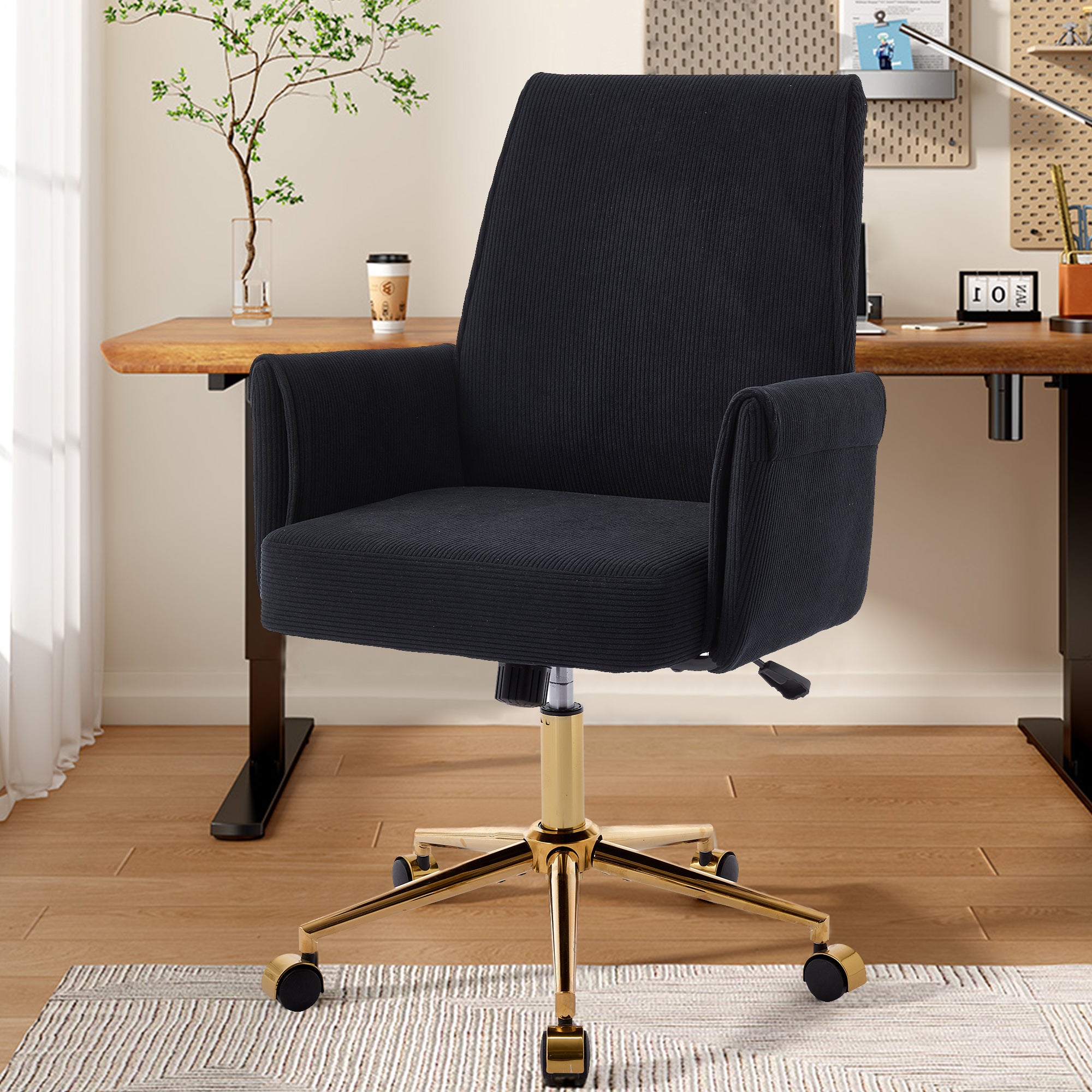 Ergonomic Mid-Back Office Chair with Striped Fabric, Black Corduroy, Gold Base, 25.2 x 24.0 x 41.9 inches | Premium Home Deco