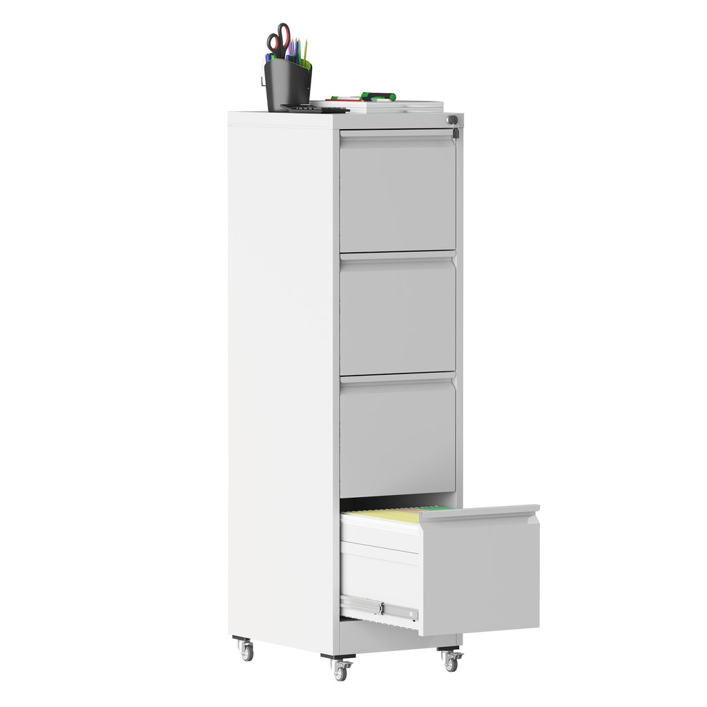 4 Drawer Metal Locking Vertical File Cabinet with Wheels - Heavy-Duty Lockable Storage for Home & Office, Black and White, 17