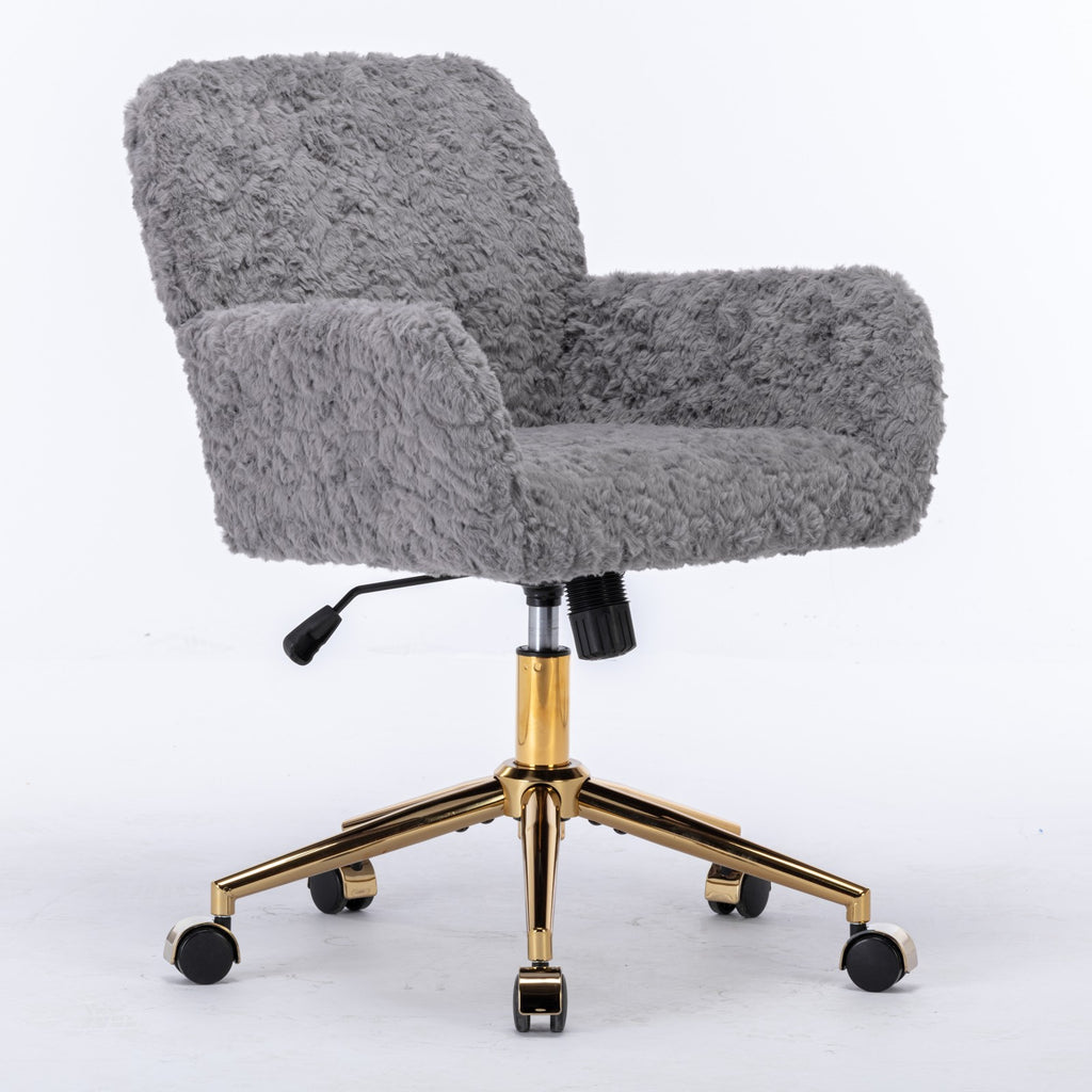 A&A Furniture Gray Adjustable Desk Chair with Artificial Rabbit Hair and Golden Metal Base | Premium Home Decor - Grand Goldm