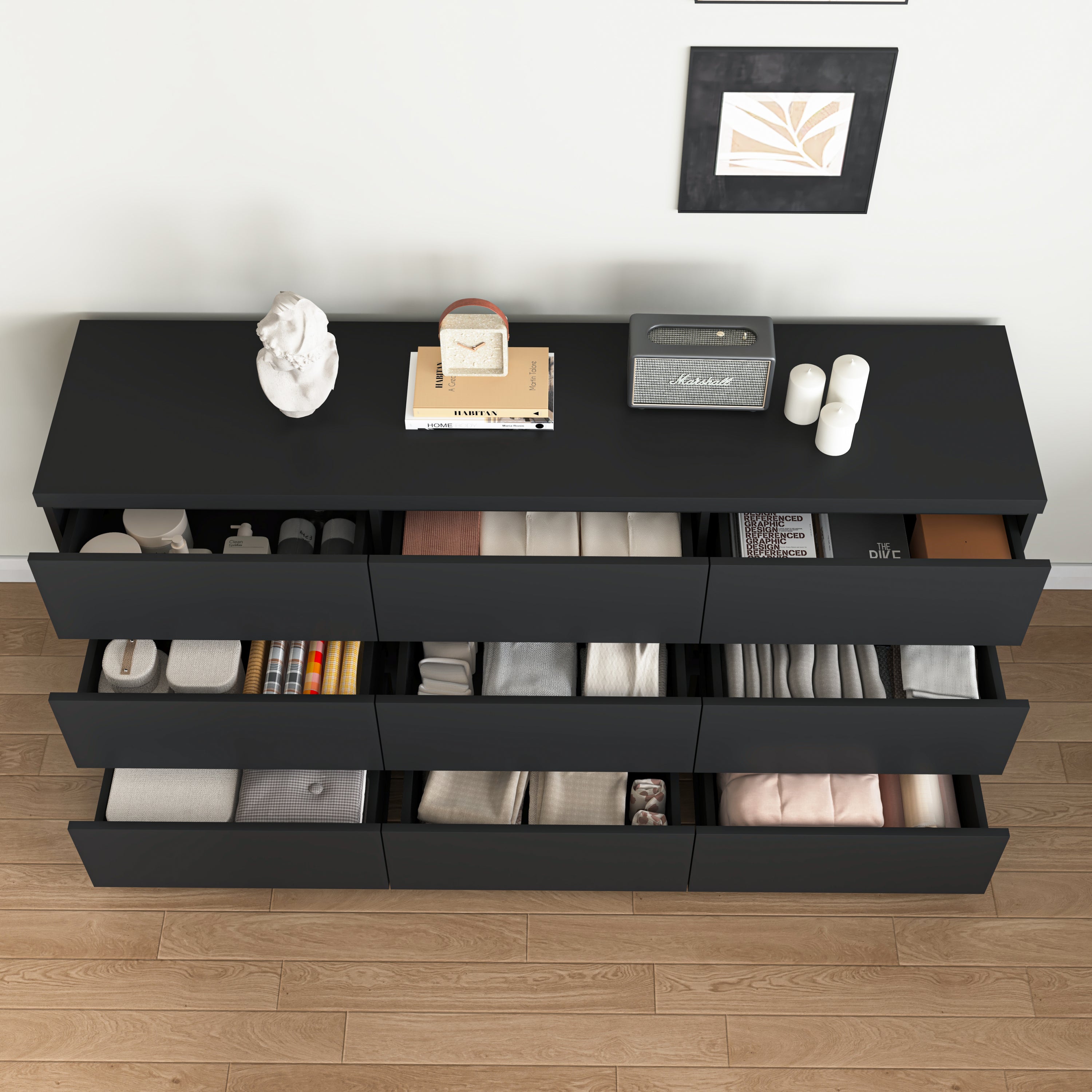 9 Drawer Dresser with No Handle Design, Modern Black Matte Wood Dresser for Bedroom, Storage Chest of Drawers for Living Room, Hallway, Entryway - Grand Goldman Shop