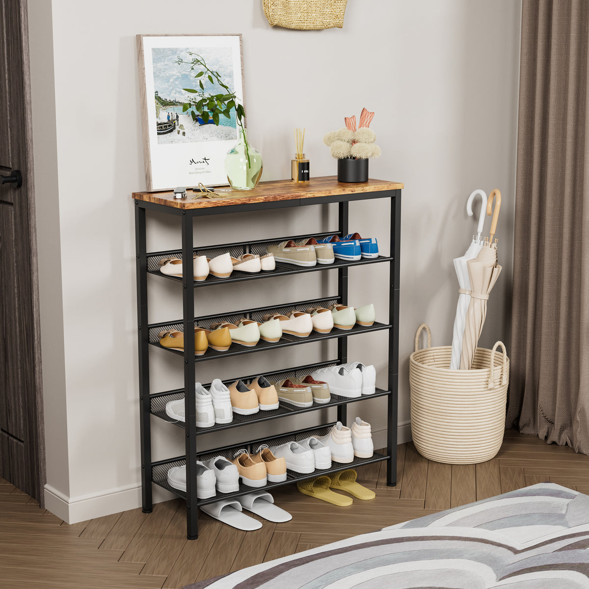 Industrial shoe rack, adjustable country style 5-layer shoe rack storage rack, with 4 mesh shelves, suitable for entrance, living room, bedroom and porch - Grand Goldman Shop