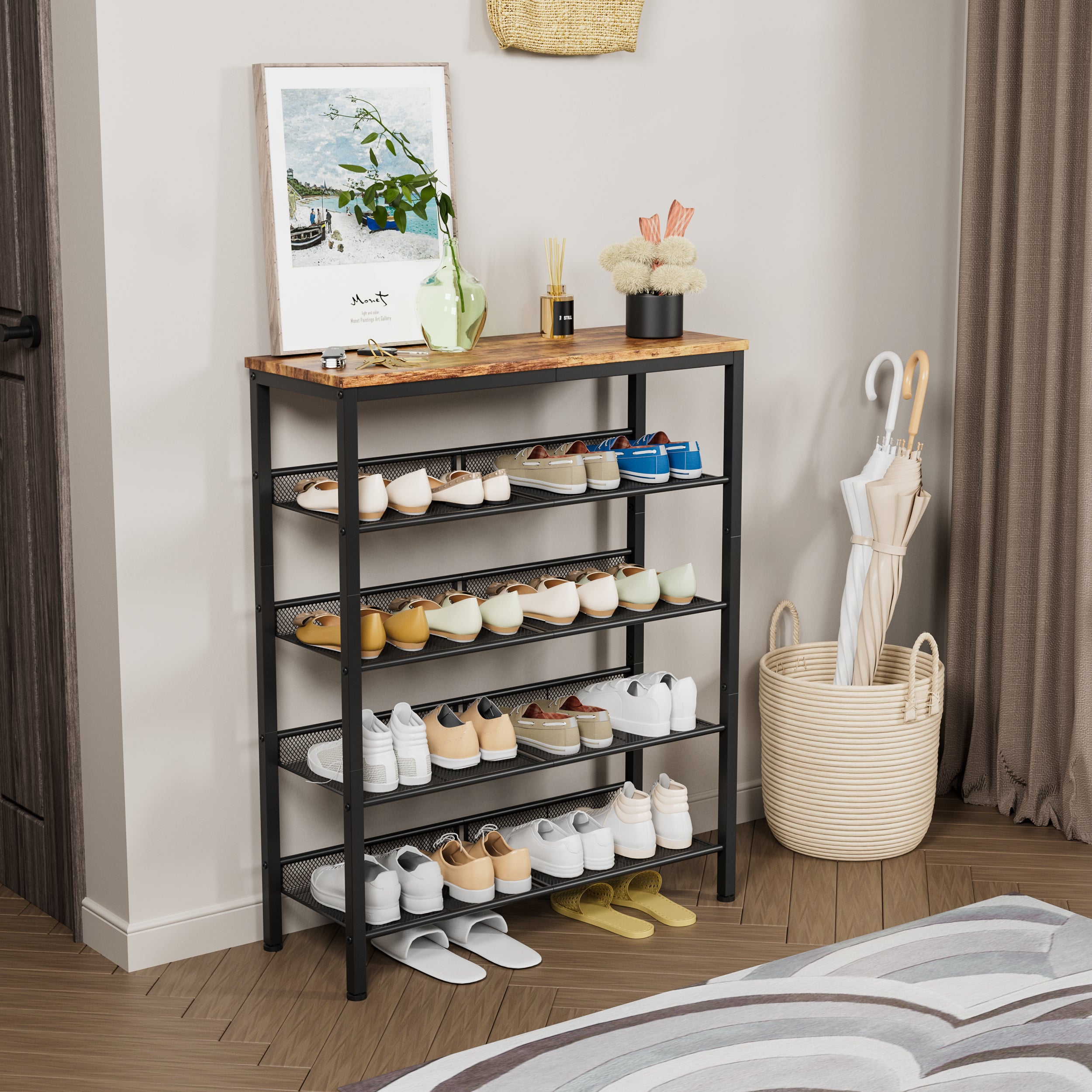 Industrial shoe rack, adjustable country style 5-layer shoe rack storage rack, with 4 mesh shelves, suitable for entrance, living room, bedroom and porch - Grand Goldman Shop
