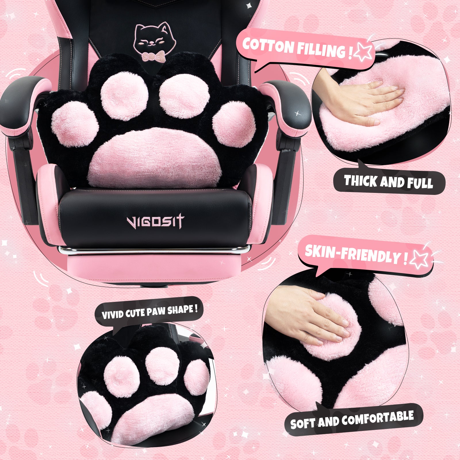 Cute Cat Gaming Chair with Paw Lumbar Cushion, PC Video Gamer Chair for Girl Teen Woman (Black) - Grand Goldman