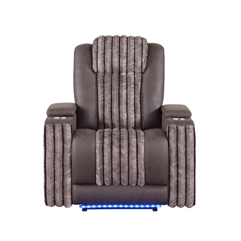 Duran Brown 3PC Power Reclining Sofa-Loveseat and Recliner with Power Headrest, LED, USB, and Bluetooth Speaker - Grand Goldman Shop