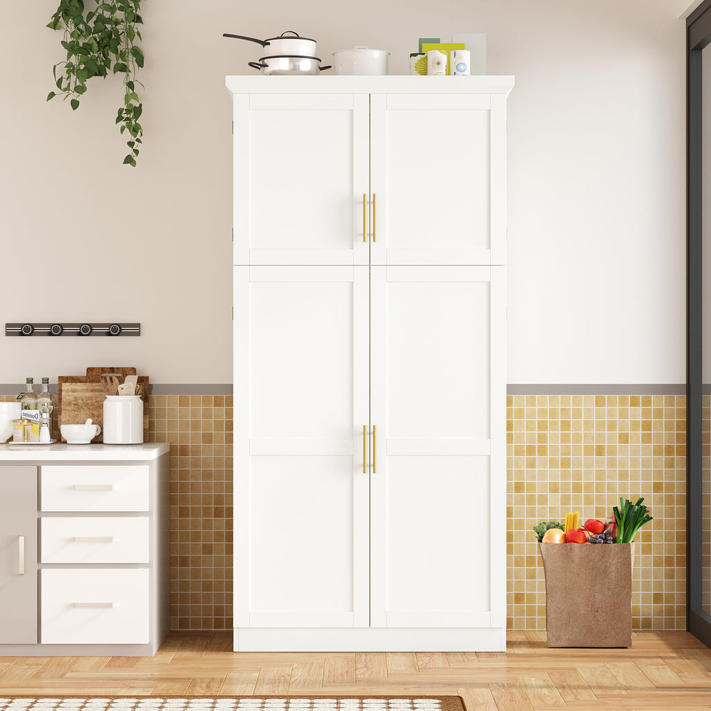[Assembly Video Provided] TOPMAX 35.5x17.6x70.9inch Freestanding Kitchen Pantry Cabinet, Tall Storage Cabinet with 4 Doors, 2 Door Shelves, 8 Pull-out Trays and Adjustable Shelf for Dining Room, White - Grand Goldman Shop