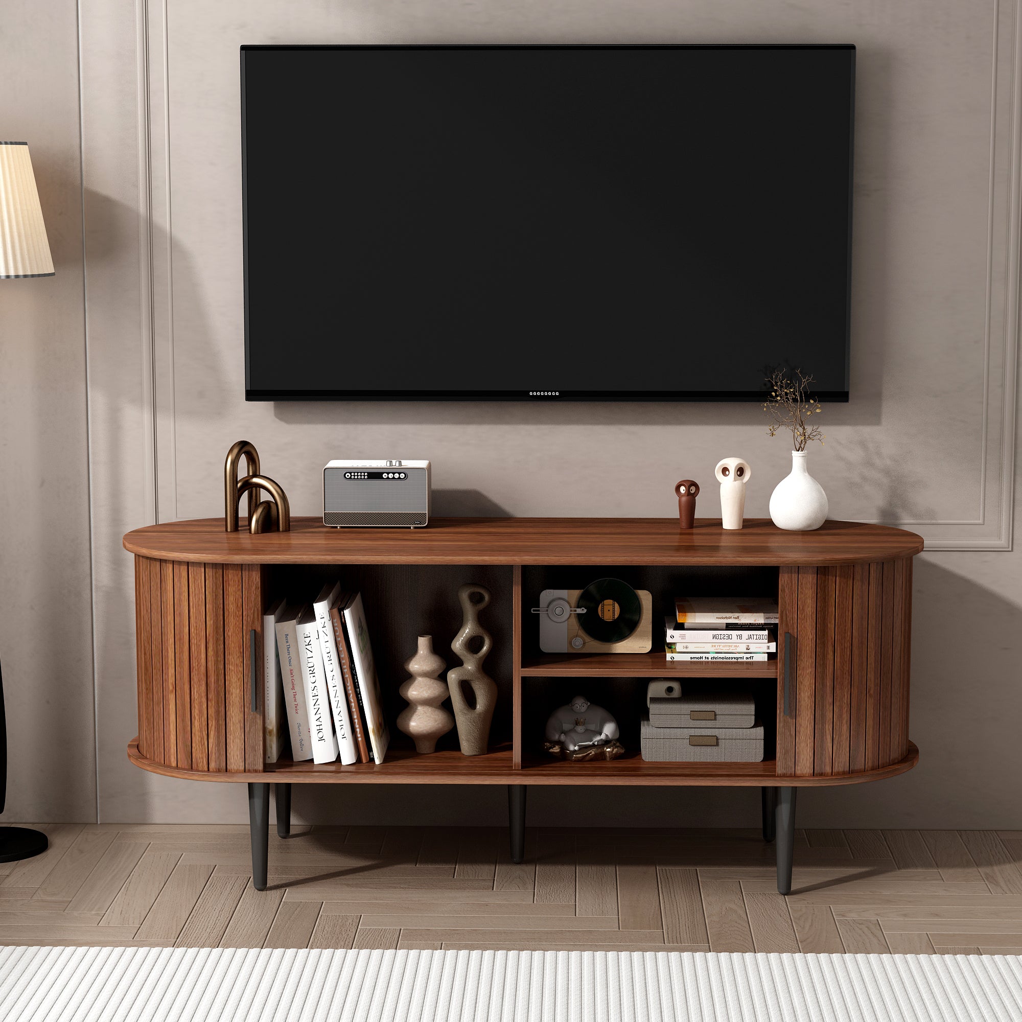TV Stand, 47' Modern TV Console Table with Storage Compartment and Sliding Door, Gaming Entertainment Center with Cabinet for Living Room, Bedroom, Office (Walnut) - Grand Goldman Shop