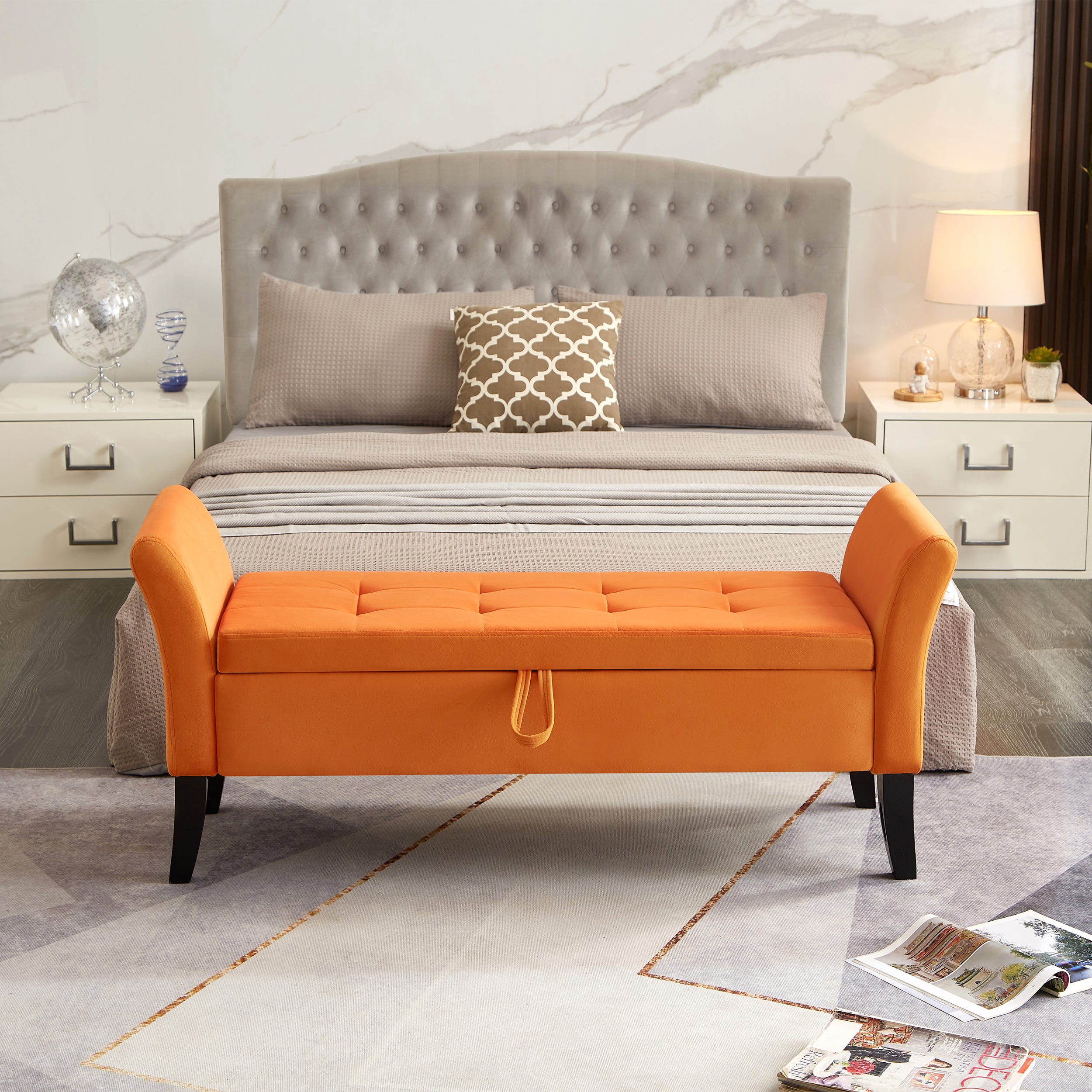 51.5' Bed Bench with Storage Orange Velvet - Grand Goldman Shop