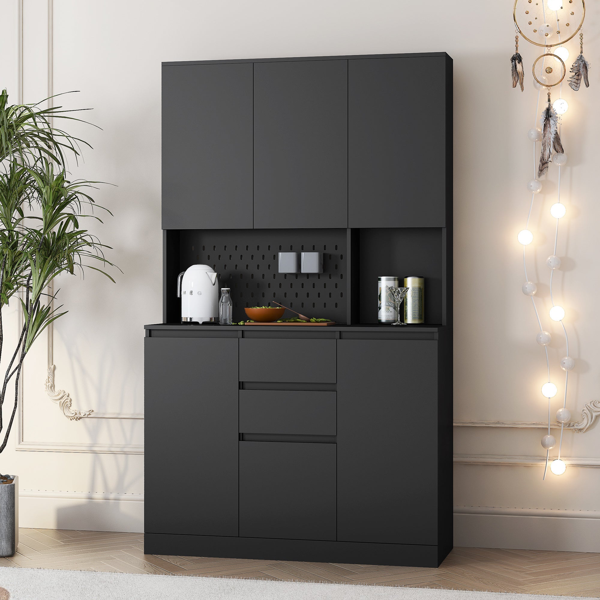 74' Freestanding Kitchen Pantry Cabinet Cupboard with 6 Doors,3 Shelves and 2 Drawer,Versatile Wardrobe & Kitchen Cabinet,Craft Storage Cabinet,Laundry Room Storage for  Kitchen (Black) - Grand Goldman Shop